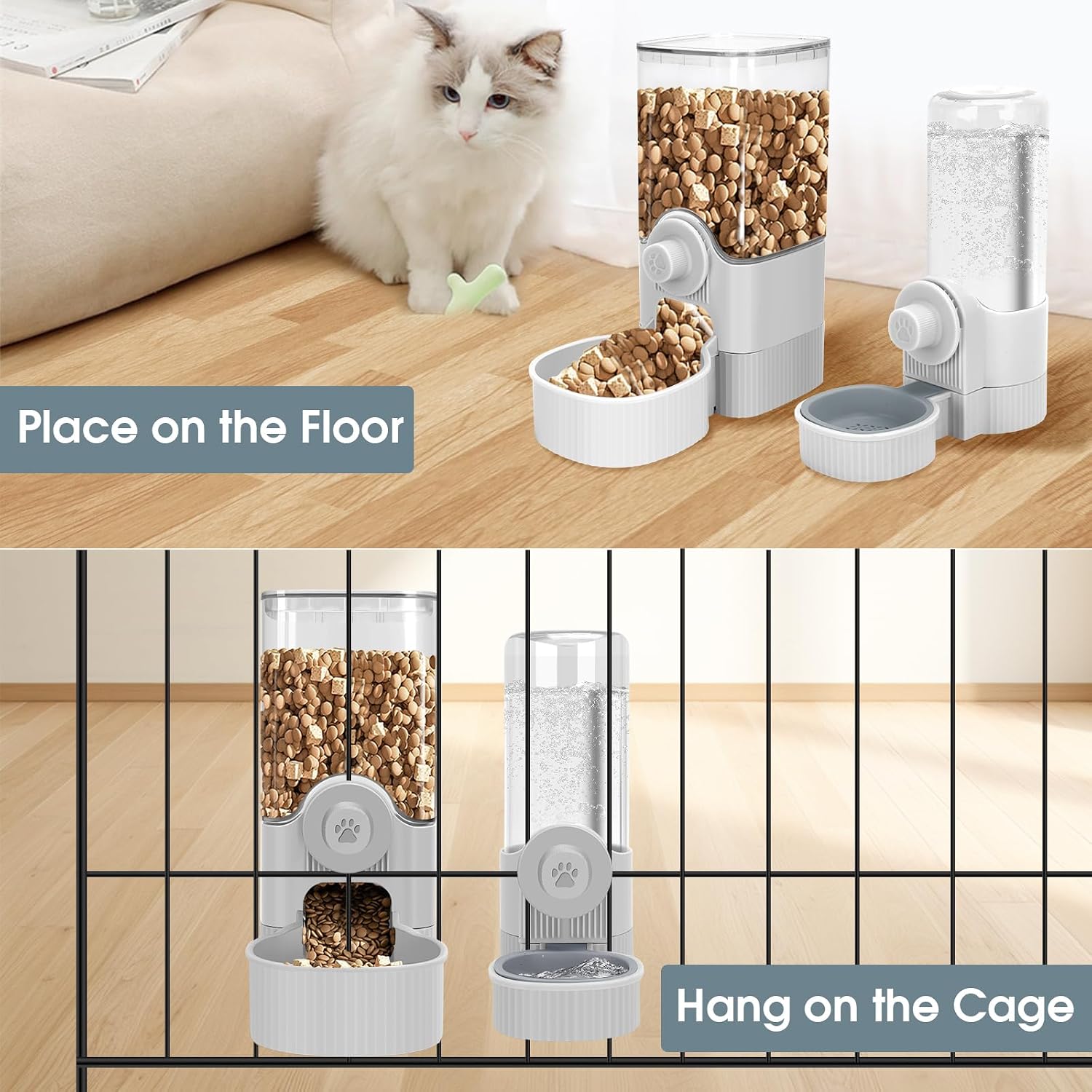 Yummy Sam Hanging Cage Automatic Small Pet Food Bowl Water Bottle Dispenser, Detachable Auto Gravity 1.2L Self-Feeding Feeder and 0.52L Waterer Set Kennel Feeding Station for Puppy Cats Rabbit(Grey) - Image 7
