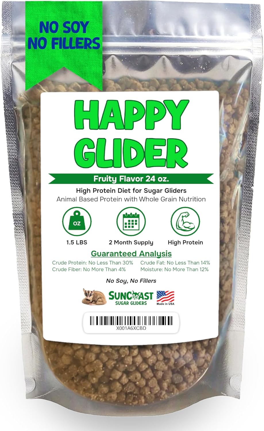 Happy Glider Premium Sugar Glider Food - High Protein, Calcium, Vitamins and Minerals, Complete Nutrition for Small Animals and Exotic Pets, 2 Months Supply - Fruity, 1.5 lbs