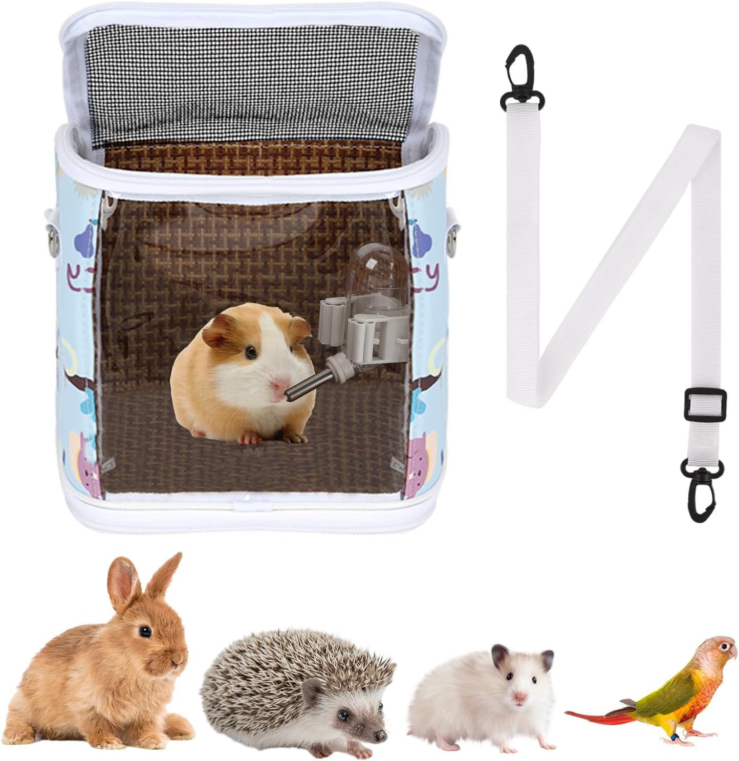 Guinea Pig Carrier Bag with Water Bottle,Travel Portable Small Animal Carrier Sling Pouch, Clear Window Carrier Backpack for Hamster Bunny Gerbil Hedgehog Sugar Glider Lizard Bird.(Blue)