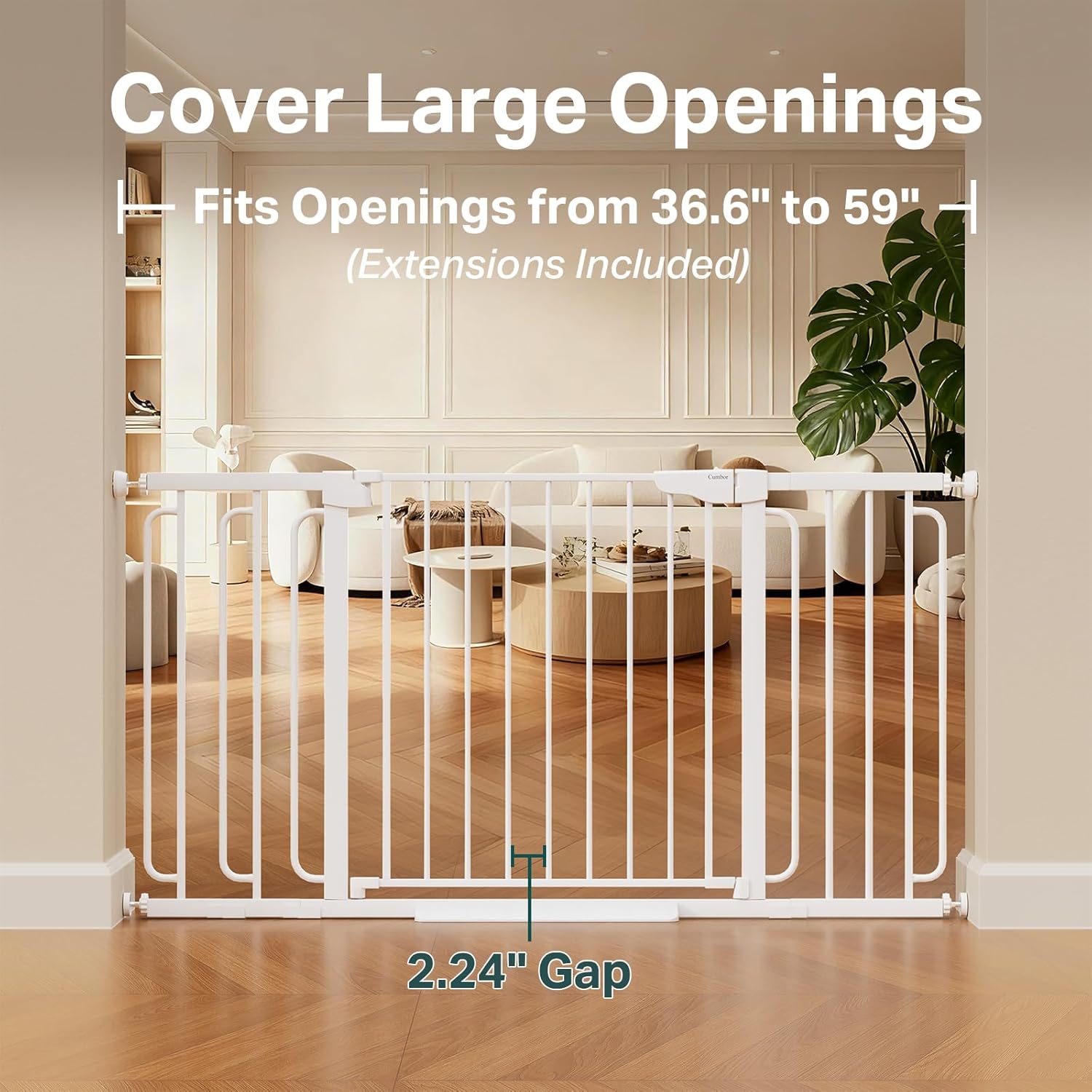 Cumbor 36.6-59" Extra Wide Baby Gate for Stairs, Pressure Mounted Dog Gate for Doorways, Auto-Close Easy Walk Through Safety Child Gate for Kids Toddler, Tall Pet Gates Indoor, White - Image 2