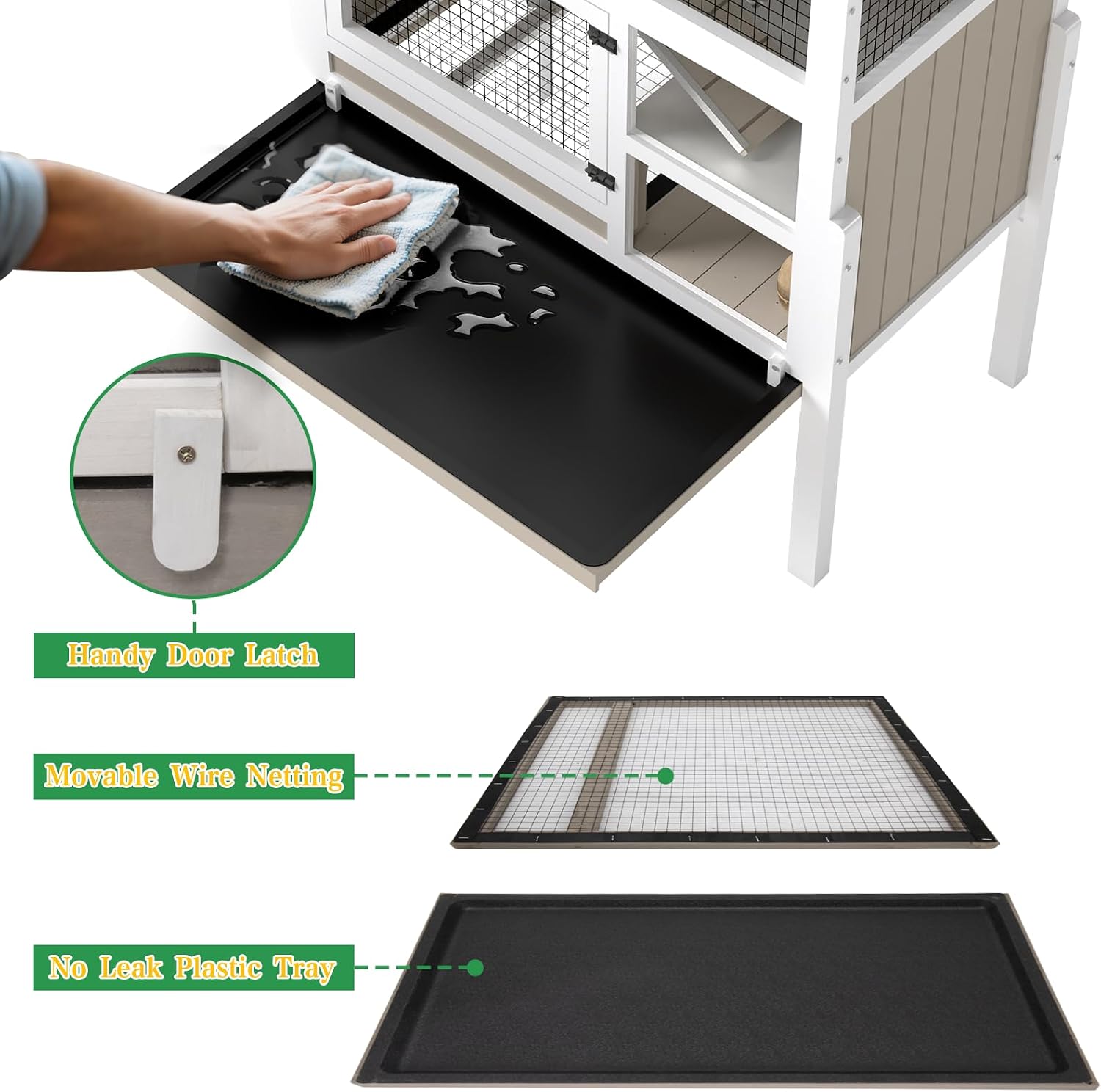 Guinea Pig Cage Indoor, 3-Tier Wooden Small Animal Habitat with Stand, Rabbit Hutch with Ramp, Removable Hammock & Hideout, Leak-Proof Pull-Out Tray for Guinea Pigs, Rabbits, Hamsters - Image 3