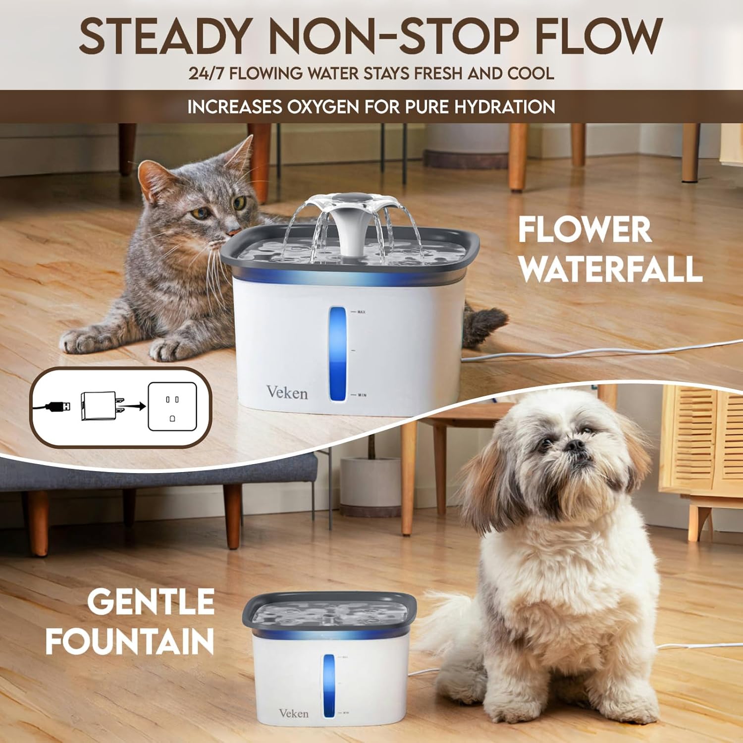 Veken Innovation Award Winner 95oz/2.8L Pet Fountain, Automatic Cat Water Fountain Dog Water Dispenser with Replacement Filters for Cats, Dogs, Multiple Pets (Grey, Plastic) - Image 2