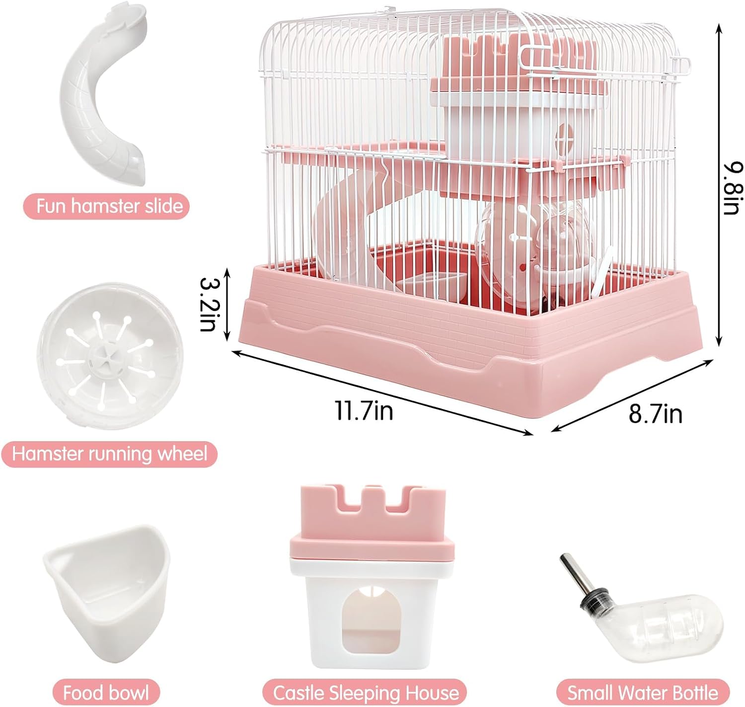 PINVNBY 2-Tier Dwarf Hamster Cage, Travel Portable Guinea Pig Cages Rat Cage and Habitats Small Animal Carrier with Castle House Running Exercise Wheels, Water Bottle and Food Dish (Pink - Image 2