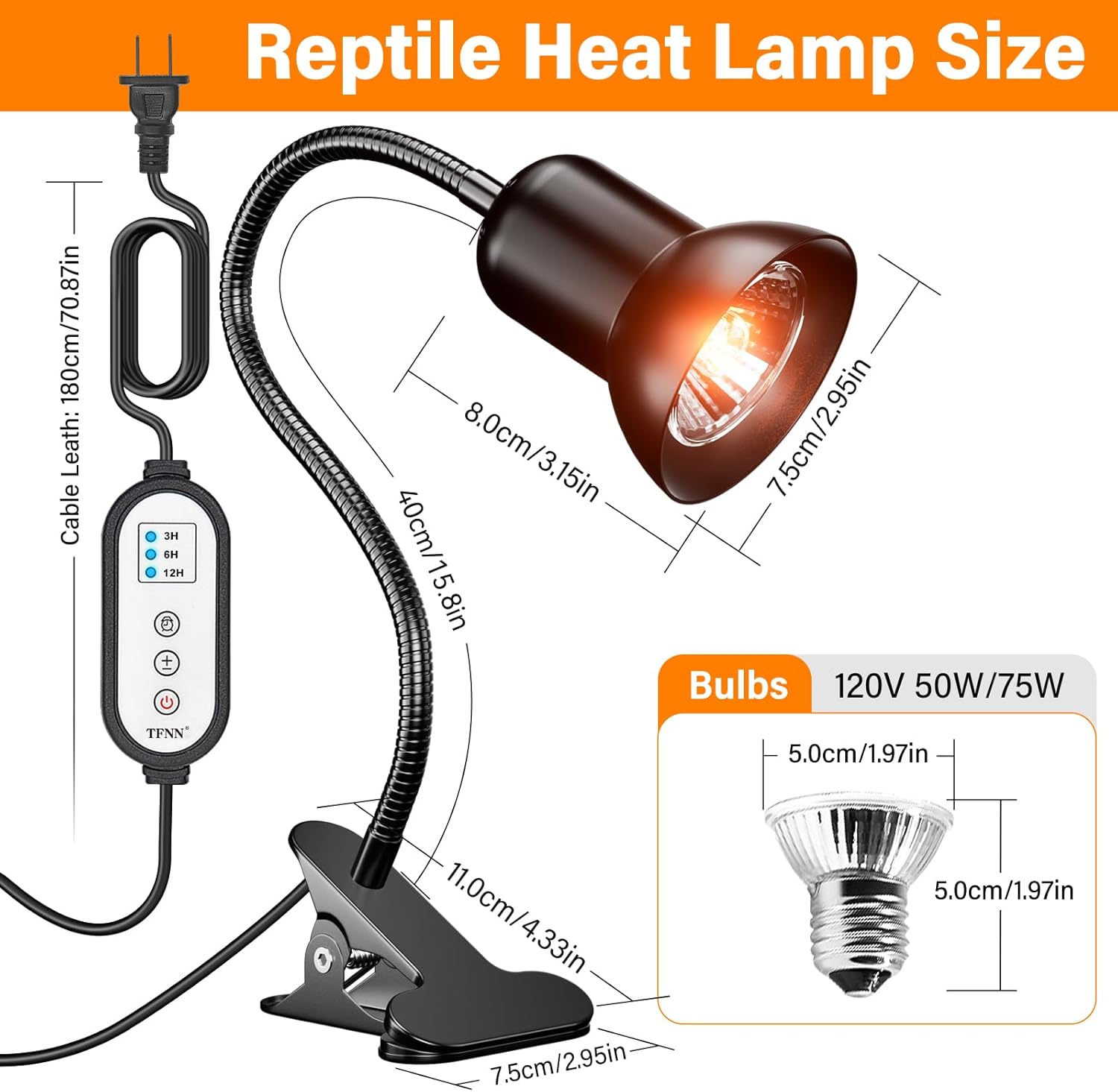 TFNN Reptile Heat Lamp, Heat Lamp with Clamp, UVA UVB Reptile Light with Intelligent Cycle Timer for Turtle, Bearded Dragon, Lizard and More, 2 Bulbs 50W+75W - Image 2