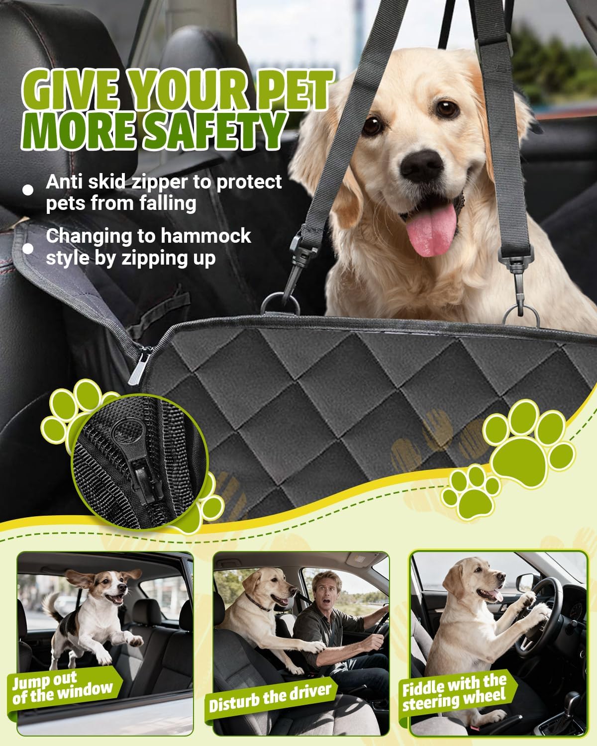 Dog Car Seat Cover, 600D Heavy Dute Car Seat Cover for Dogs Pets, 100% Waterproof Anti-Scratch Nonslip Dog Hammock for Cars, Seat Covers Protector with SeatBelt for Sedan SUV Truck Standard Black - Image 5
