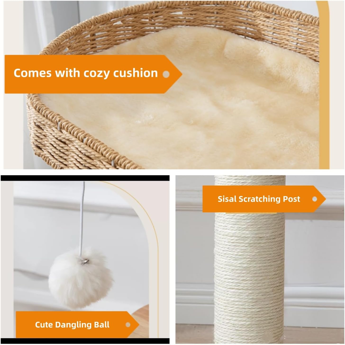 SHENGOCASE Modern Natural Wood Wooden Cat Tree Tower, 3 Large Rattan Wicker Basket Perch Beds with Cozy Cushion Sisal Scratching Post, Window View Design, for Cats up to 20 lbs - Image 7