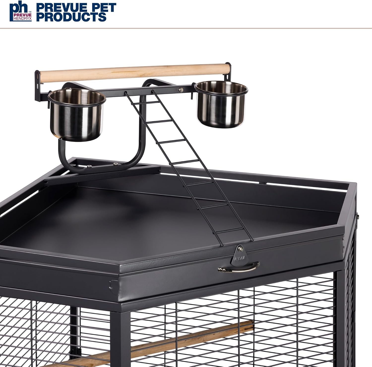 Prevue Pet Products Corner Bird Cage with Playtop - Large Cage with Rolling Stand, Comes with Wooden Perches & Double Food & Water Cups, Secure Side Door Locks, Elevated for Enrichment - Black - Image 4