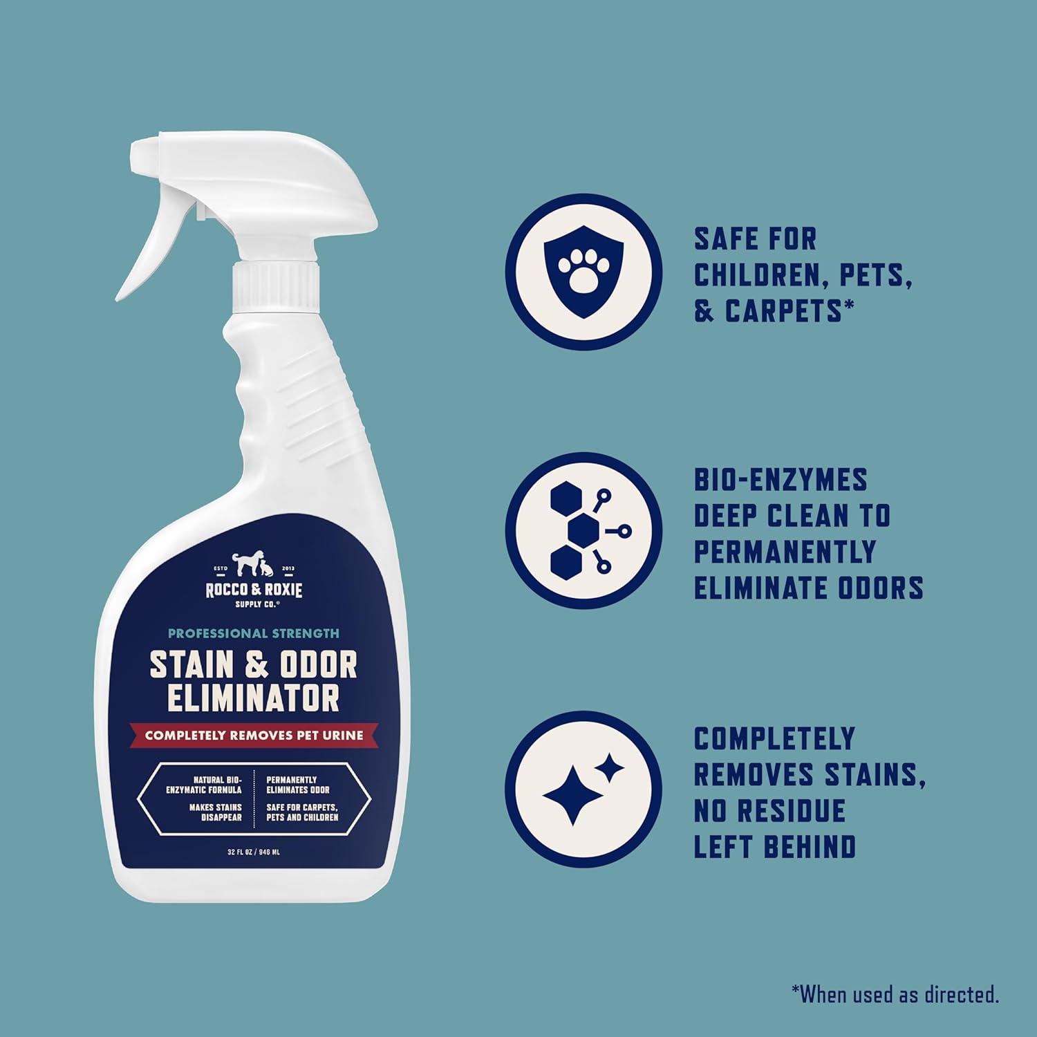 Rocco & Roxie Supply Co. Stain & Strong Odor Eliminator, Enzyme Cleaner, Pet Odor Eliminator for Home - Carpet Stain Remover for Cats & Dog Pee - Urine Destroyer - Carpet Cleaner Spray Clear, 32 Fl Oz - Image 2