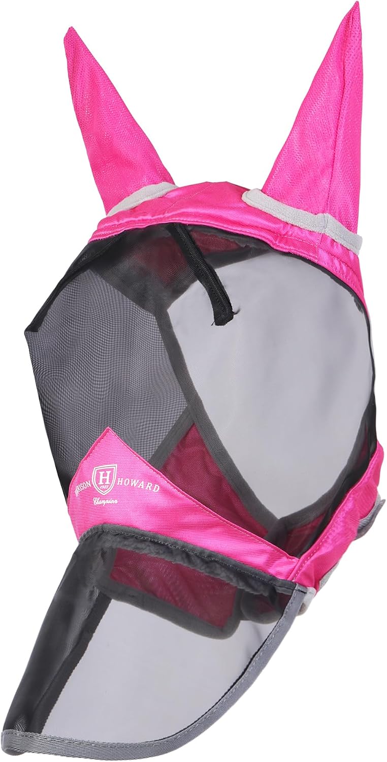 Harrison Howard CareMaster Pro Luminous Horse Fly Mask Large Eye Space Long Nose with Ears UV Protection for Horse Flamingo (M; Cob) - Image 2
