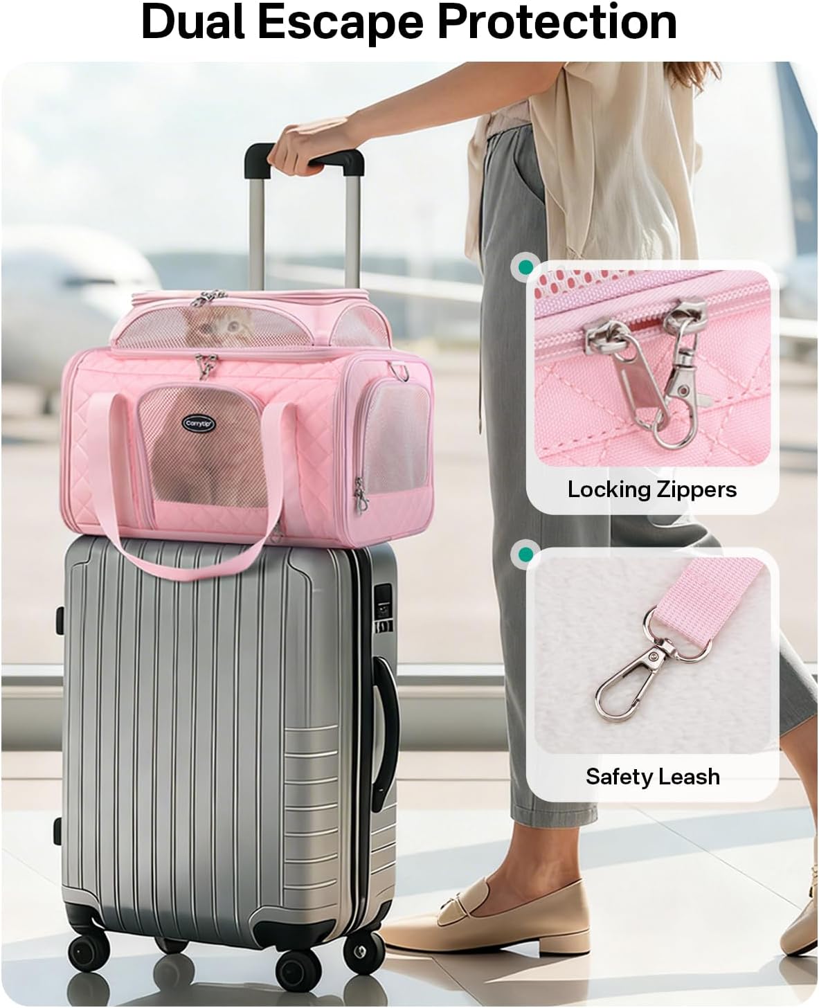 Cat Carrier Airline Approved 17x11x9.5 Inches, Top Expandable Soft Sided Pet Travel Carrier for Cats & Small Dogs, Fits Under Airline Seat with Locking Zippers, Pink - Image 4