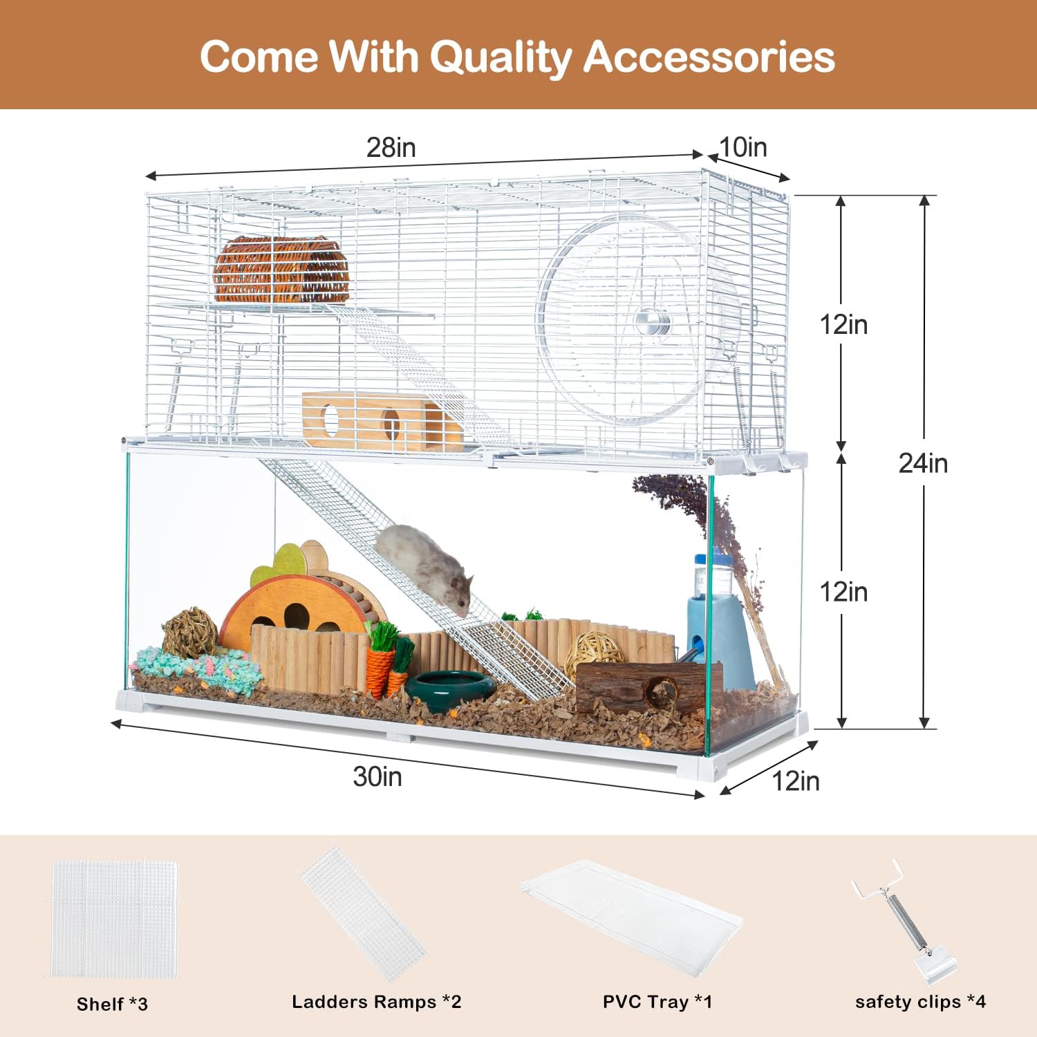 3 Tiers Large Hamster Cages, Glass Hamster Cage Habitat with Openable Wire Topper, Gerbil Cage with Two Ladders Ramps and Removeable Waterproof PVC Tray, Easy to Clean - Image 4