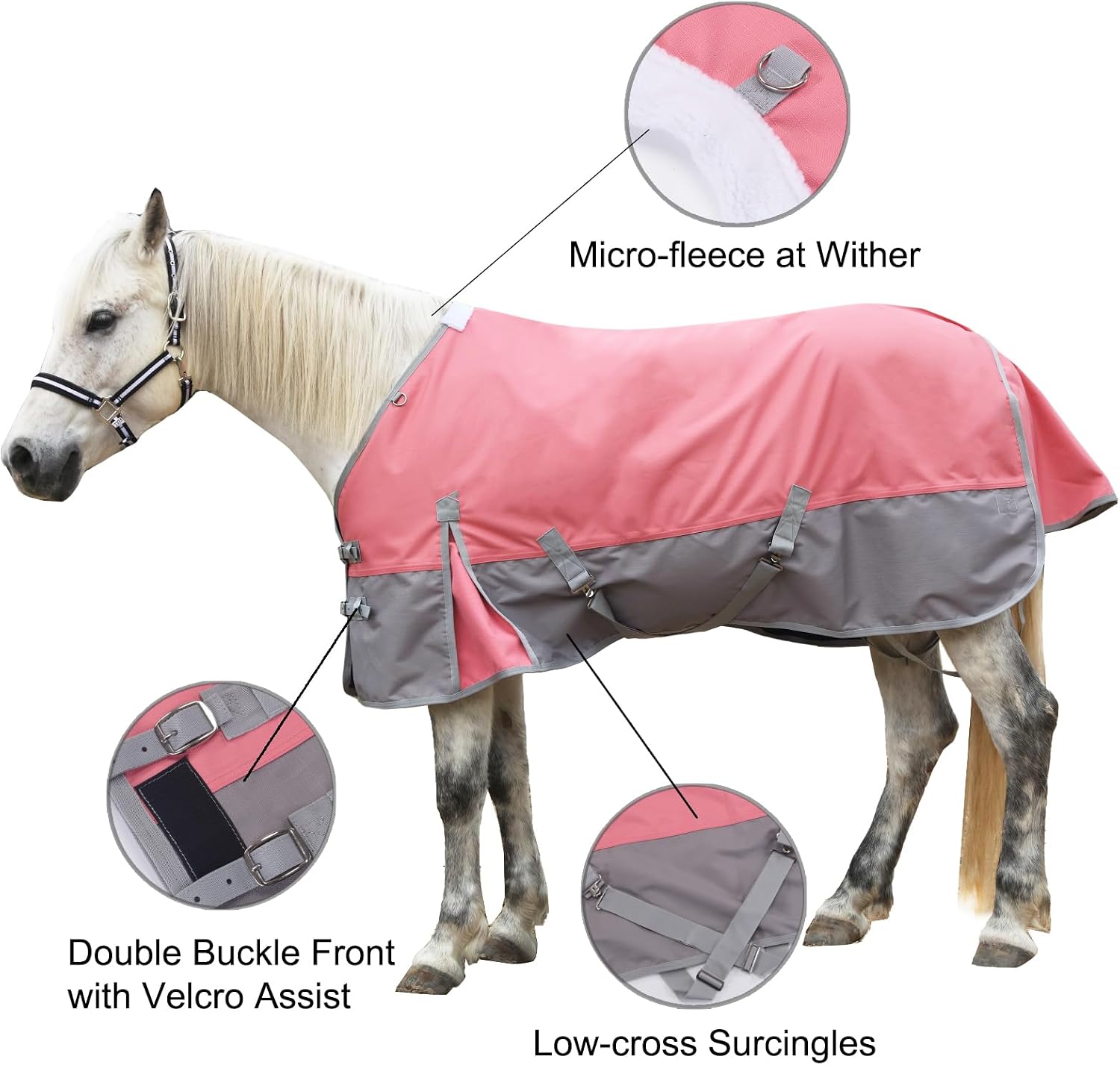 1200D Ripstop Waterproof Breathable Horse Blanket (0g No Fill), Lightweight Turnout Rain Sheet, Keeps Dry in Mud & Wet Weather Pinkgrey 78" - Image 2