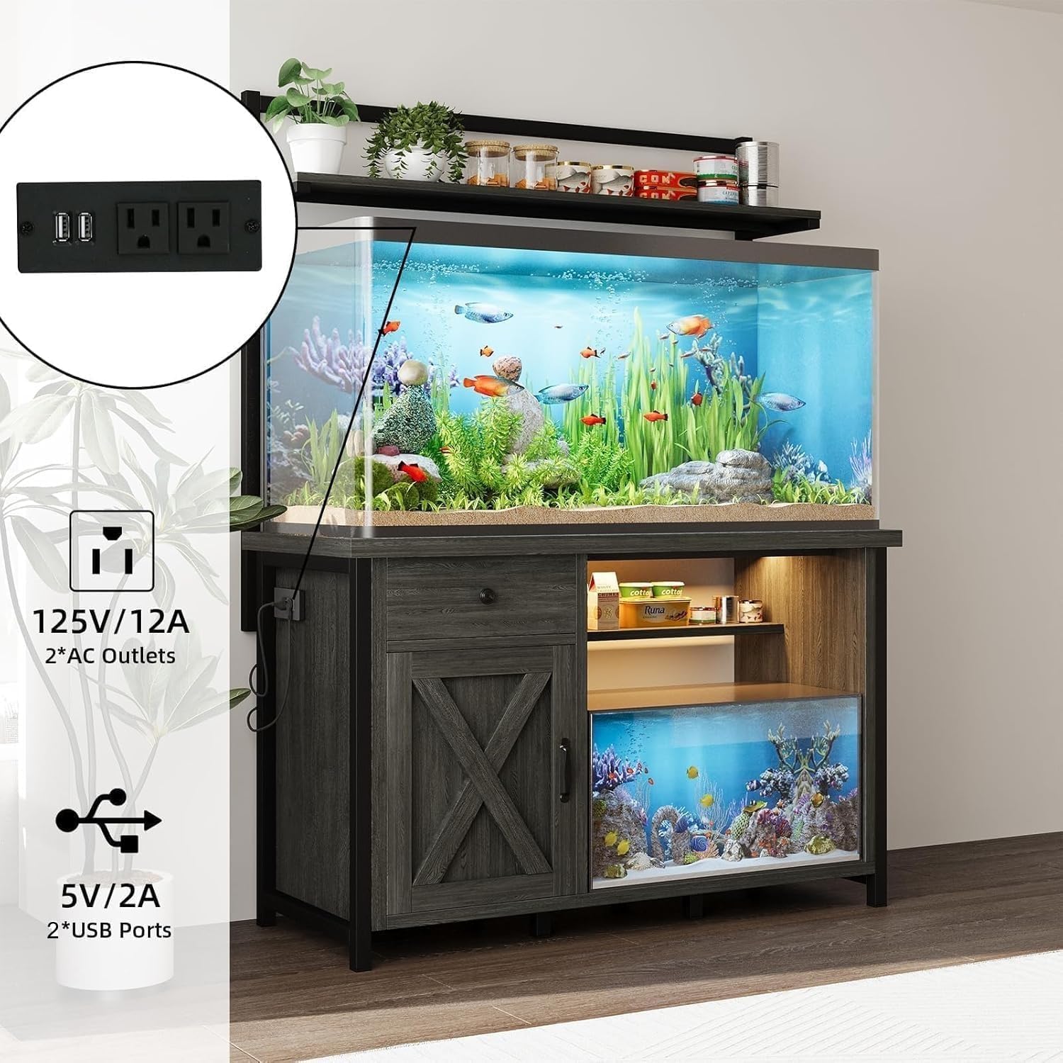 55-75 Gallon Fish Tank Stand with Power Outlet, Led Light, Aquarium Stand with Cabinet for Fish Tank Accessories Storage, Shelf, for Turtle Tank, Reptile Terrarium, 1100 LBS, Gray - Image 4