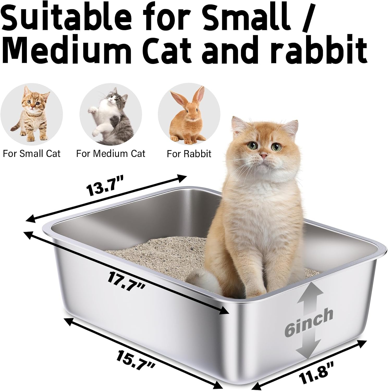 Stainless Steel Litter Box, Metal Litter Box High Sided 18"x14"x6" | Cat Litter Box Easy to Clean, Non-Stick Litterbox for Cats or Kittens, No-Smell Pet Supplies Toilet Tray - Image 2