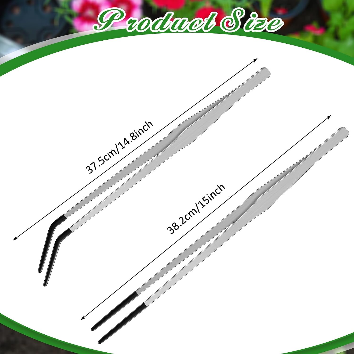 Lasnten 2 Pcs Extra Long Stainless Steel Reptile Feeding Tongs with Rubber Tip 15 Inch Bearded Dragon Aquarium Straight and Curved Long Tweezer Terrarium Feeder Tool for Tank(Silver) - Image 2