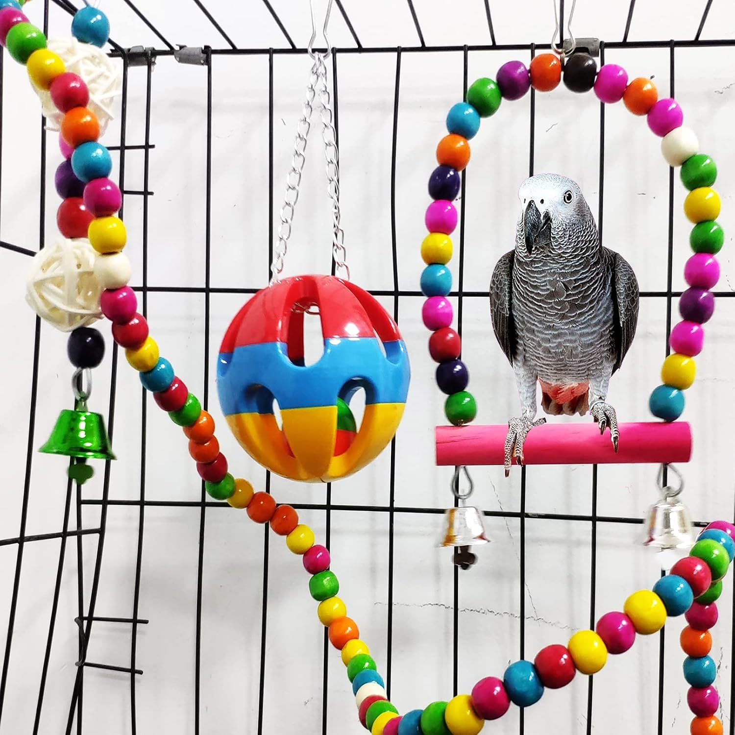 Hamiledyi Bird Parrot Swing Chewing Toy Set 15PCS Wooden Hanging Bell with Hammock Climbing Ladders Colorful Pet Birds Cage Toys for Small Parakeet Cockatiel Finches Conures Budgie Macaws Love Birds - Image 3