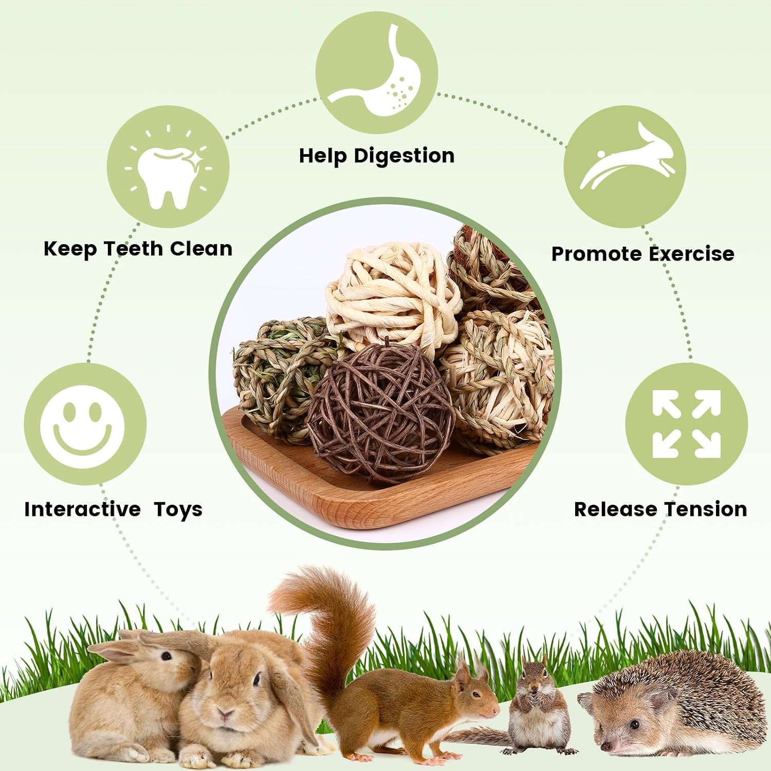 VESPRO Bunny Chew Grass Balls, Rolling Chew Toys for Small Animals, Natural Chew Grass Toys and Bunny Treats for Rabbits, Guinea Pigs, Chinchillas, Hamsters, Mice Teeth Grinding (8 Pcs) - Image 4