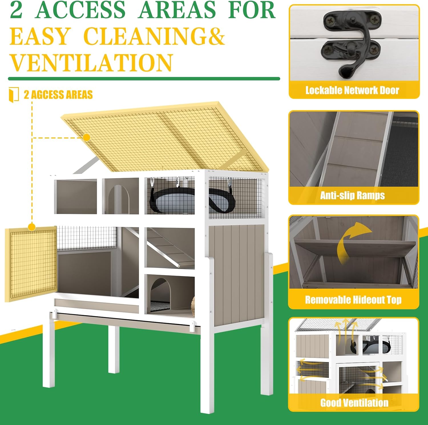 Guinea Pig Cage Indoor, 3-Tier Wooden Small Animal Habitat with Stand, Rabbit Hutch with Ramp, Removable Hammock & Hideout, Leak-Proof Pull-Out Tray for Guinea Pigs, Rabbits, Hamsters - Image 5