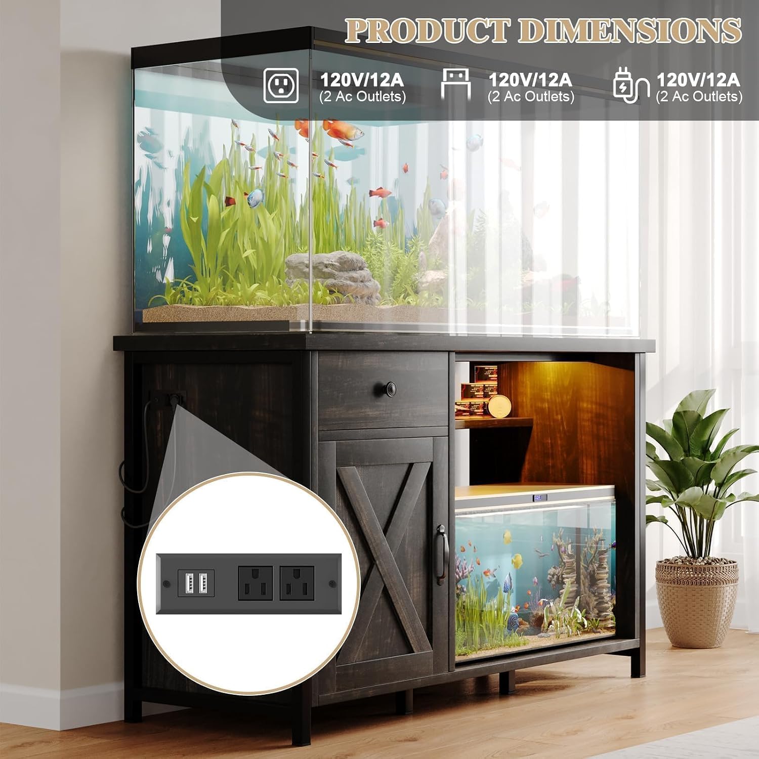 4ever2buy 55-75 Gallon Fish Tank Stand with Power Outlets, LED Light, Heavy Duty Aquarium Stand with Cabinet for Fish Tank Accessories Storage, for Turtle Tank, Reptile Terrarium, 1100LBS, Oak - Image 5
