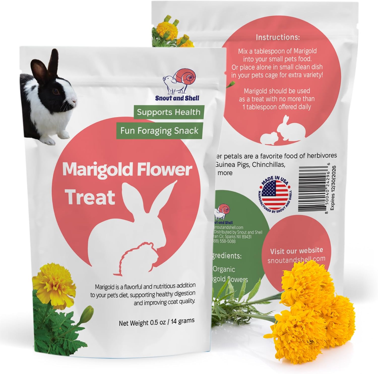 Snout and Shell Marigold Flower Treat for Small Pets – Organic, Healthy Digestive Support – Fun Foraging Snack for Rabbits, Guinea Pigs, Chinchillas, and More – 0.5 oz / 14g - Image 2