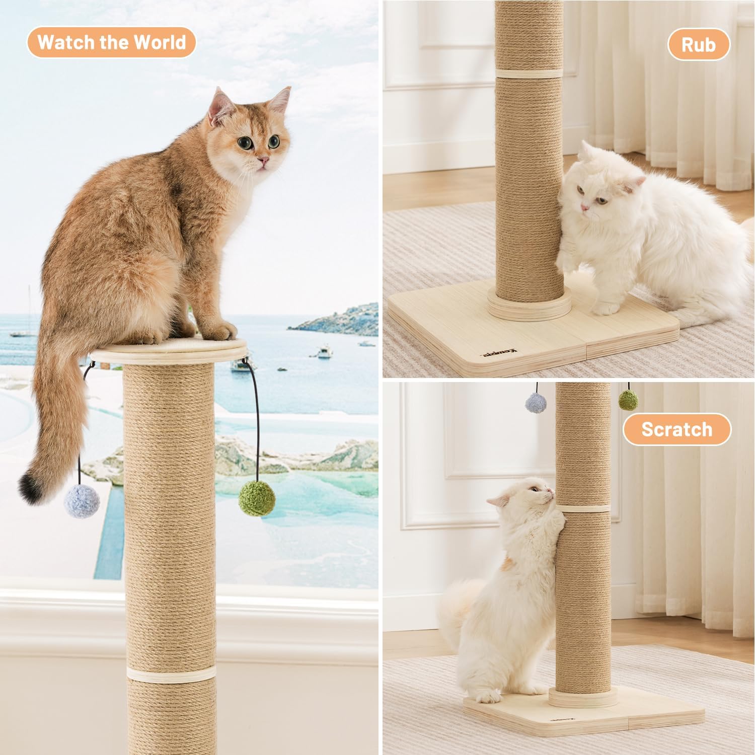 ZOMISIA 35'' Tall Cat Scratching Post, 4.7'' Large Scratch Post with Thicken Wooden Base for Indoor Cats Adults, Sisal Scratcher Top & Dangling Balls, Super Sturdy - Image 7
