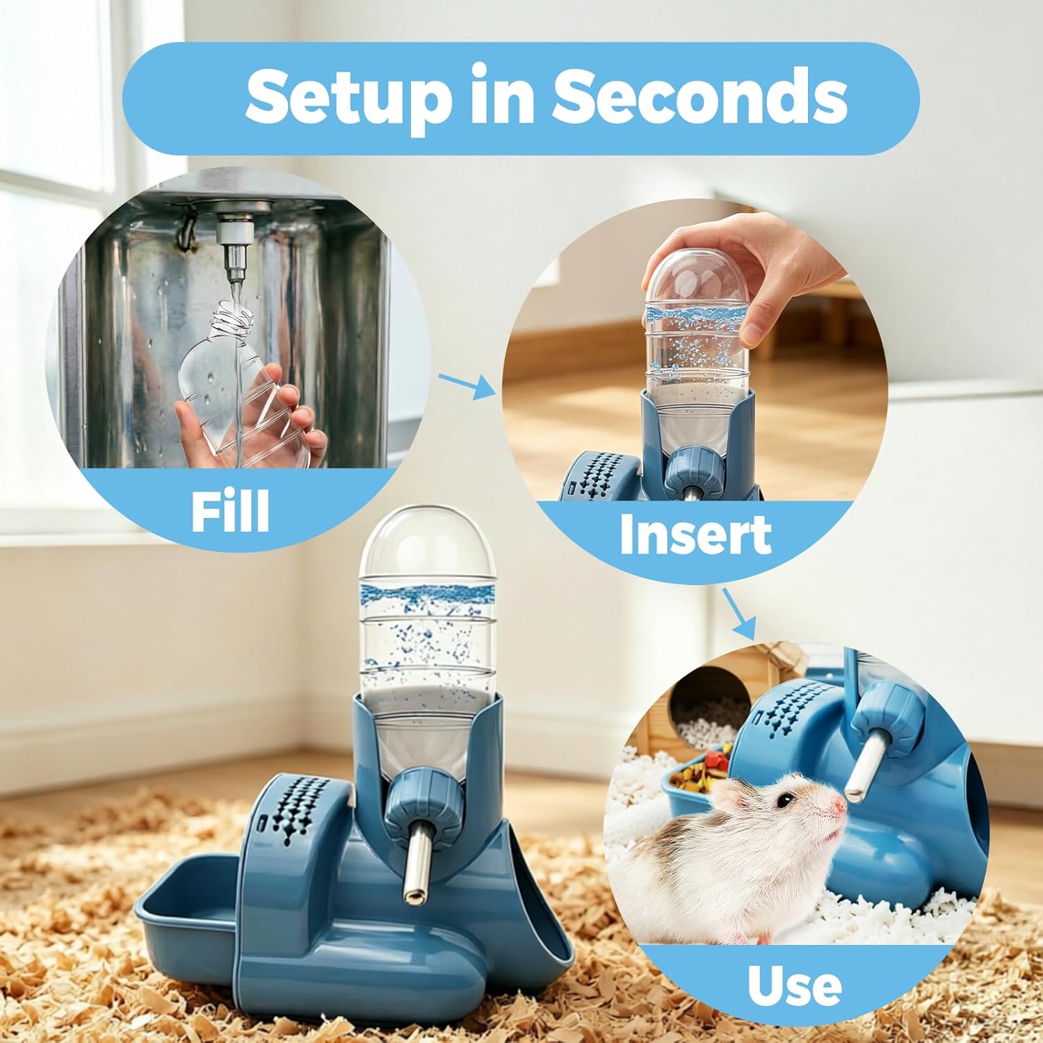 VANNON 3-in-1 Hamster Water Bottle with Food Bowl & Hideout Base, Blue | 3-in-1 feeding station combines water, food and hideout space to help keep hamster cages organized and easy to maintain. - Image 7