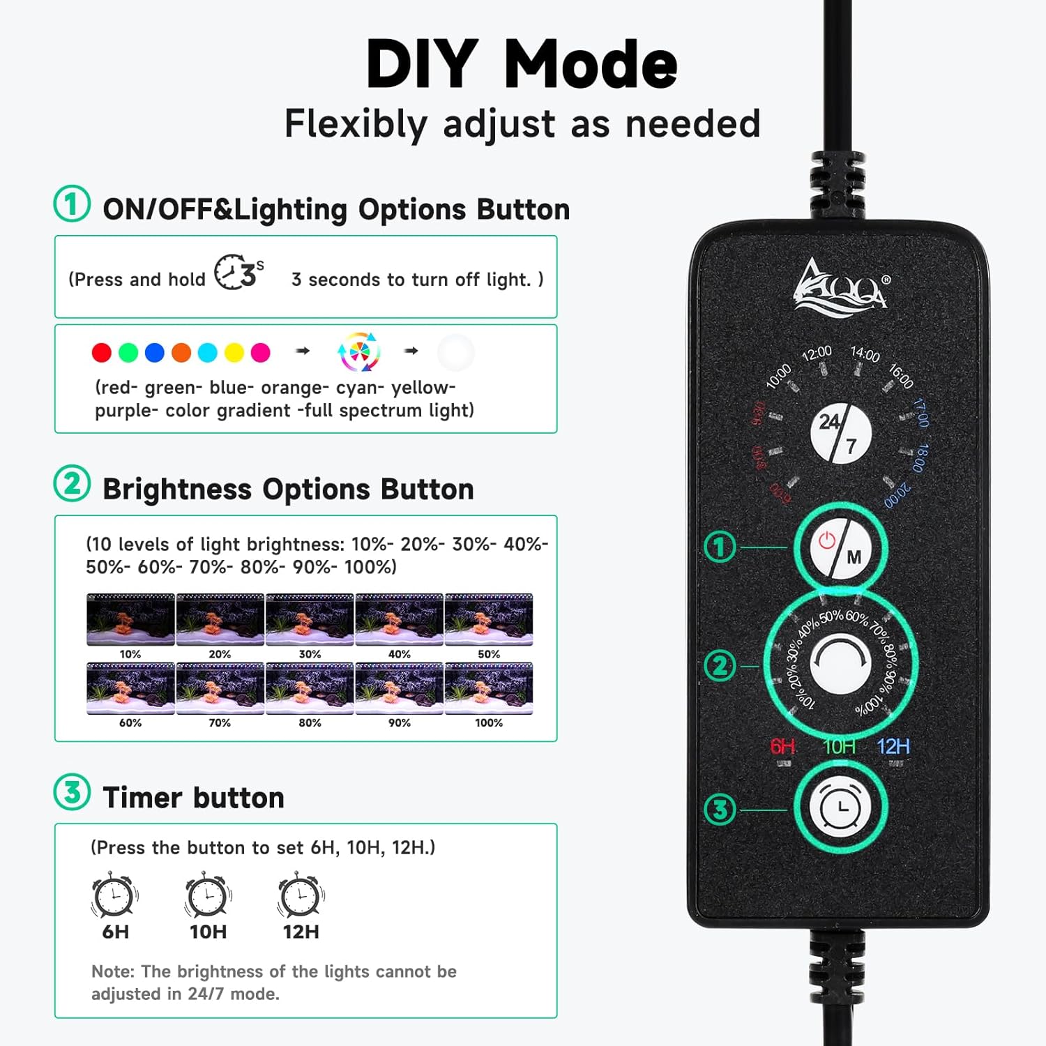 AQQA LED Aquarium Light, 24/7 Mode IP68 Waterproof Extendable Bracket Fish Tank Light, DIY Mode Full Spectrum Aquarium Plant Light, Adjustable Timer/Brightness Memory Function for 18-24 Inch Fish Tank - Image 2