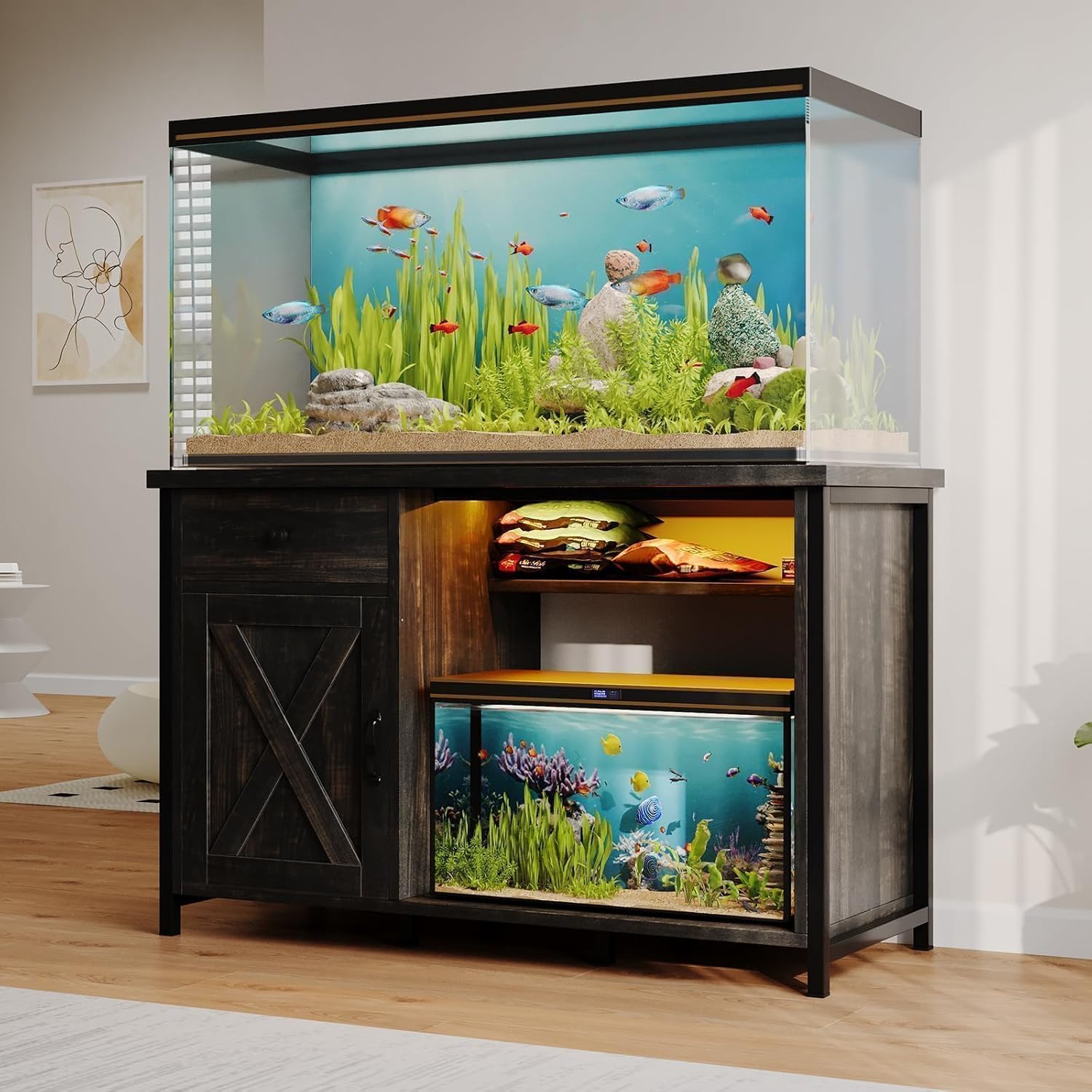 4ever2buy 55-75 Gallon Fish Tank Stand with Power Outlets, LED Light, Heavy Duty Aquarium Stand with Cabinet for Fish Tank Accessories Storage, for Turtle Tank, Reptile Terrarium, 1100LBS, Oak - Image 7