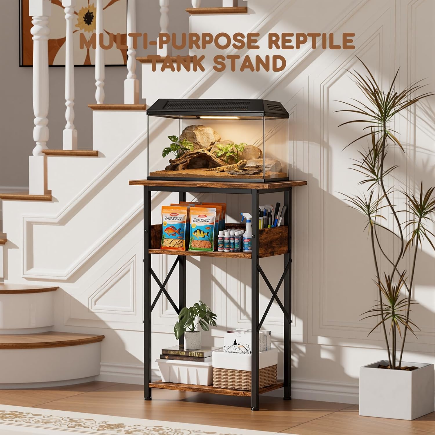 10 Gallon Fish Tank Stand with Storage Shelves, 3-Tier Aquarium Stand with Rust-Proof Metal Frame, Heavy Duty Waterproof Reptile Turtle Tank Stand for Home Office Up to 150LBS, 21.5" L x 11.5" W x 30" H, Rustic Brown - Image 6