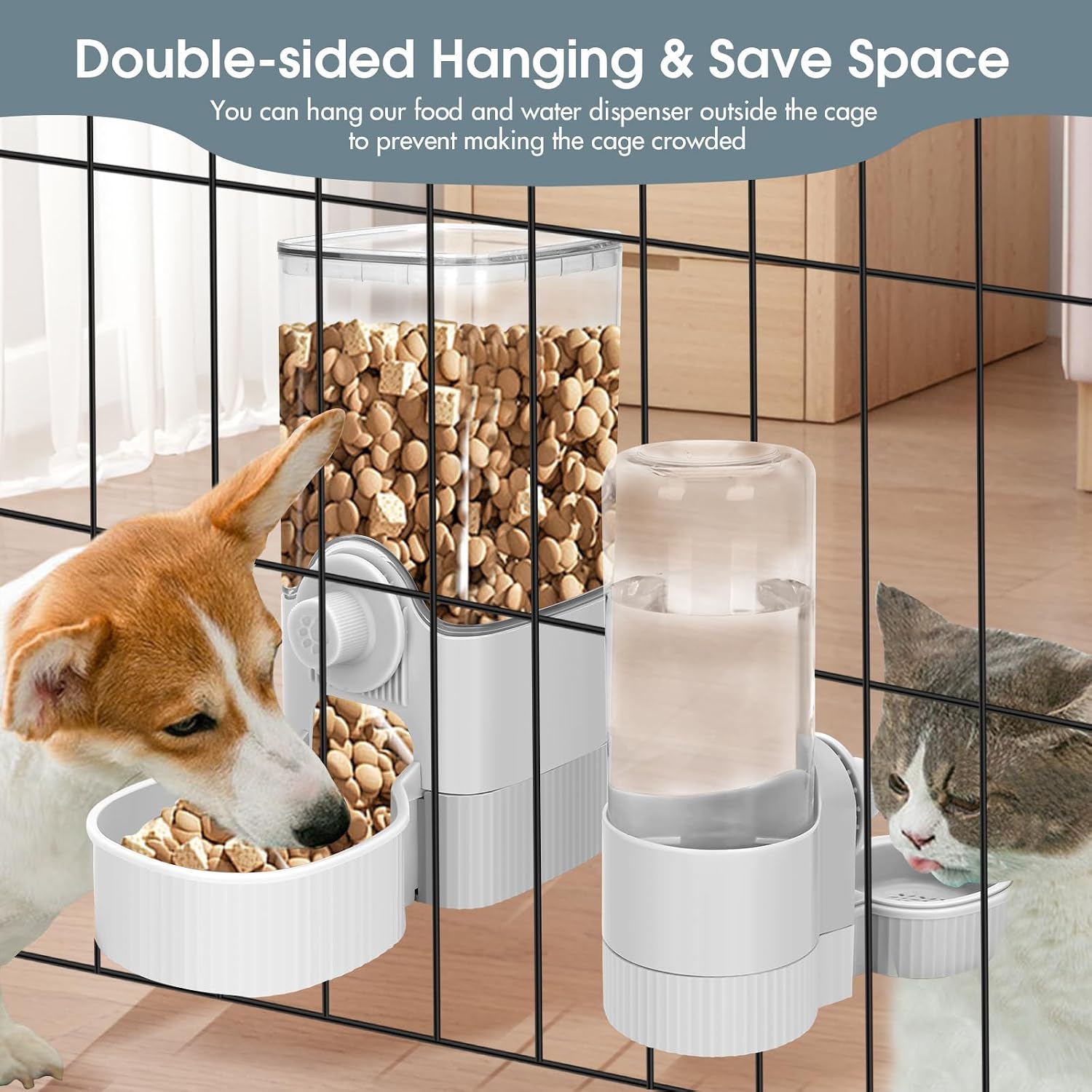 Yummy Sam Hanging Cage Automatic Small Pet Food Bowl Water Bottle Dispenser, Detachable Auto Gravity 1.2L Self-Feeding Feeder and 0.52L Waterer Set Kennel Feeding Station for Puppy Cats Rabbit(Grey) - Image 4