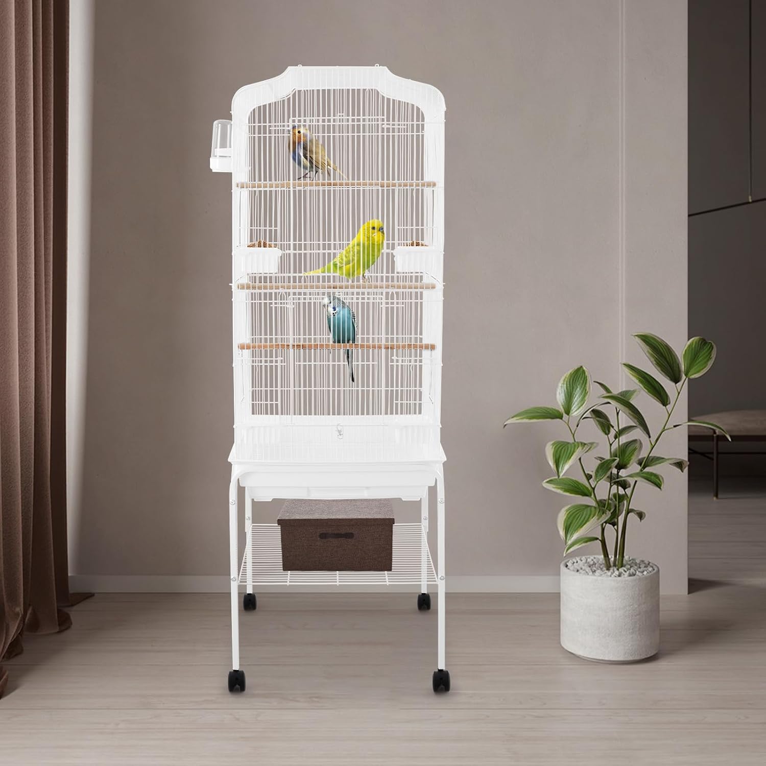 Bird Cage with Stand 54 Inch Birdcages with Pull-Out Tray, Rolling Bird Cage Stand with Wheels for Parakeets, Parrot, Cockatiel, Pigeon, Finch Cage for Birds(White) - Image 4