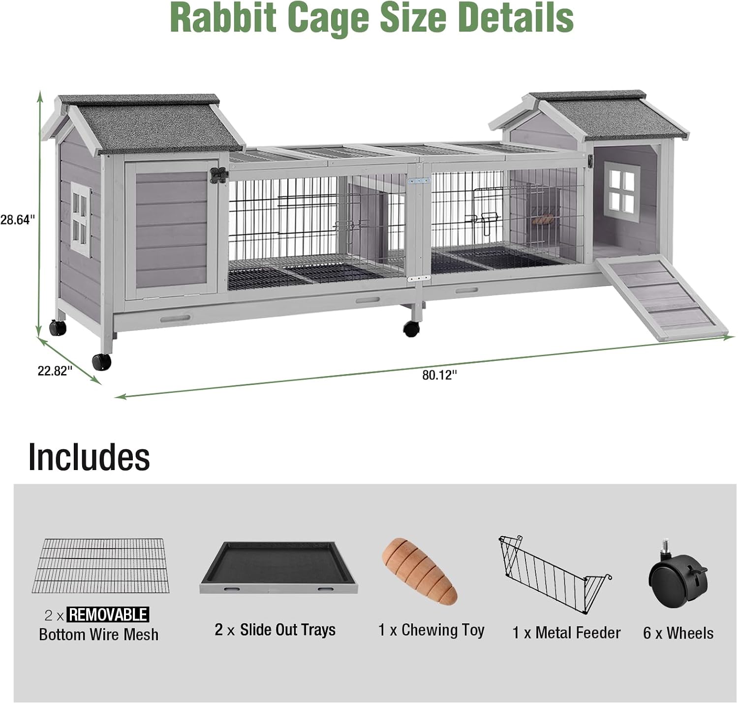 Wooden Rabbit Hutch with Wheels, Indoor Outdoor Bunny Cage with Removable Netting, Guinea Pig House with Leak-Proof Trays - Image 7