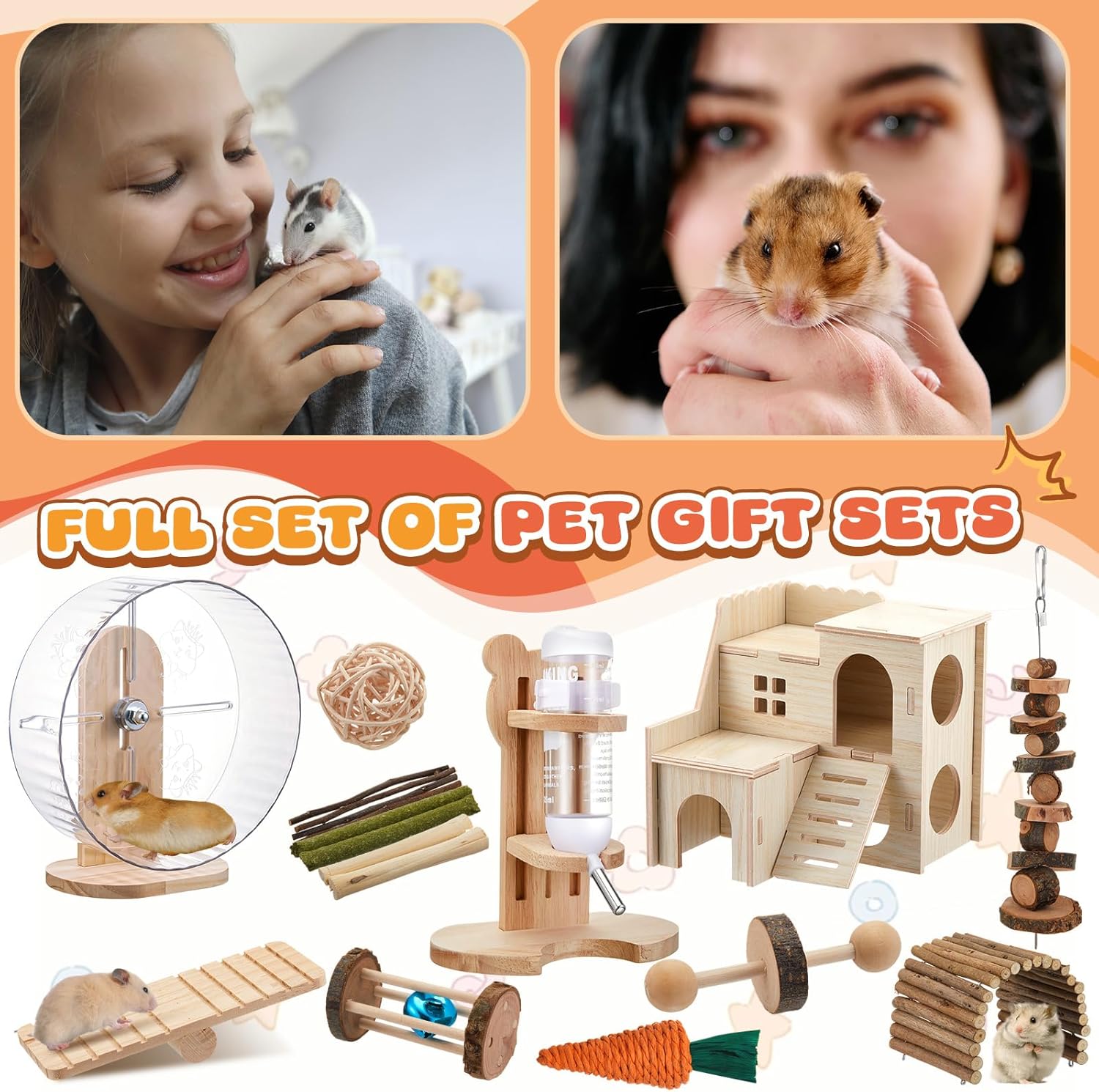 18 Pcs Hamster Cage Accessories, Silent Hamster Wheel, 15 Chew Toys Set, Maze Wood House and Water Bottle Set for Rat Mice Small Animals Habitat (Fun Interactive Style) - Image 6
