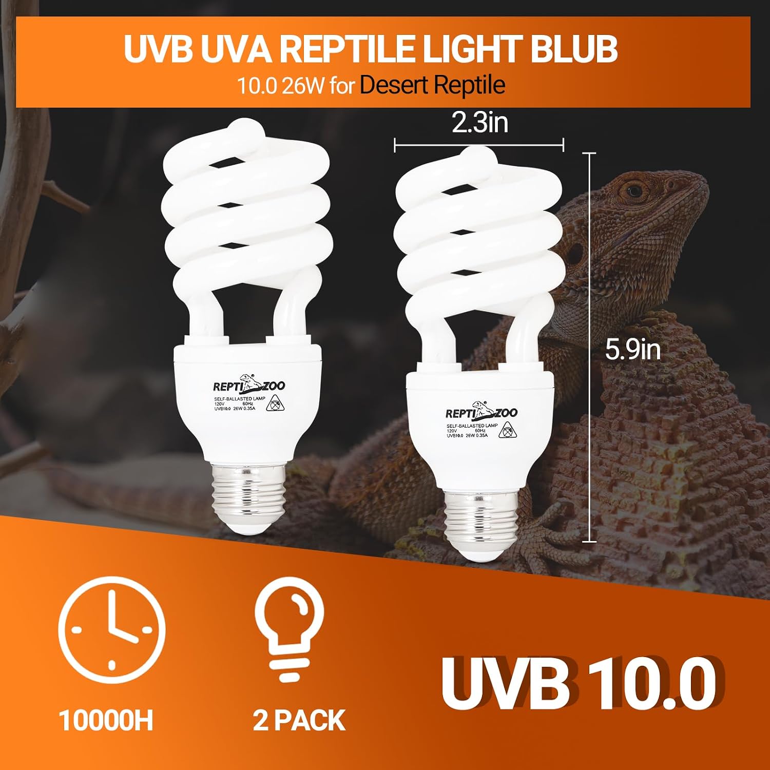 REPTI ZOO UVB Light for Desert Reptile 2 Pack, 10.0 26W UVA UVB Reptile Light Bulb, UVB Spiral Compact Lamp for Bearded Dragons Tortoises Lizards Snakes - Image 2