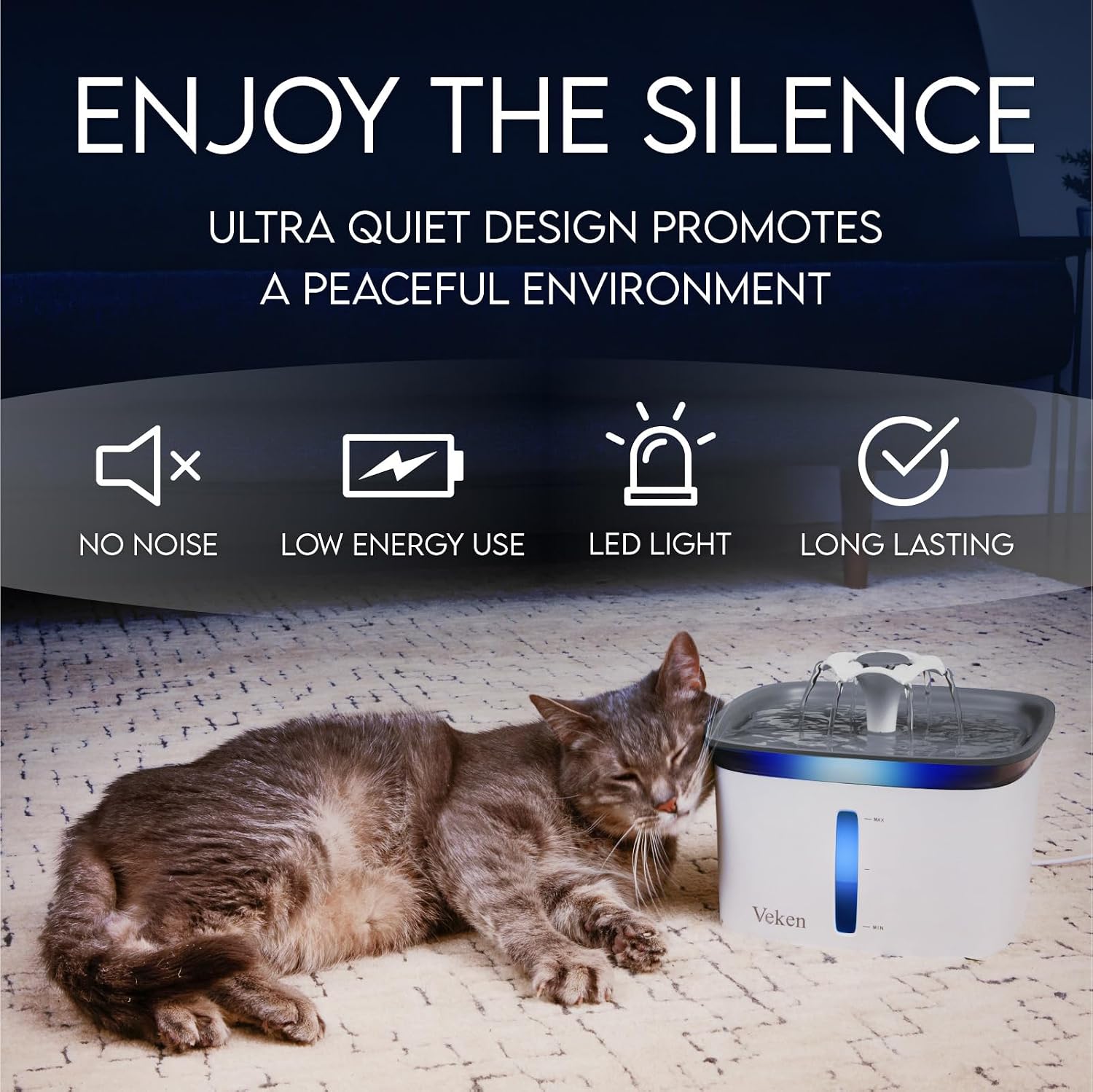 Veken Innovation Award Winner 95oz/2.8L Pet Fountain, Automatic Cat Water Fountain Dog Water Dispenser with Replacement Filters for Cats, Dogs, Multiple Pets (Grey, Plastic) - Image 6