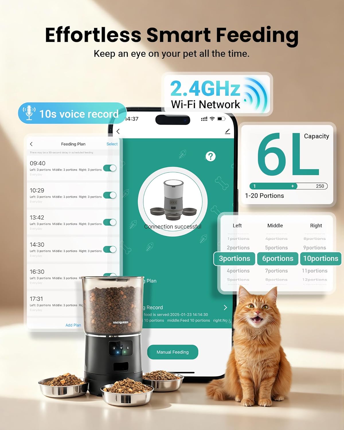 Automatic Cat Feeder for 3 Cats, 6L/25 Cup Cat Food Dispenser with Strong Anti-Jam System, Dual-Effect Desiccant, Smart WiFi App Control Pet Feeder, Automatic Dog Feeder with 10S Recorder - Image 5
