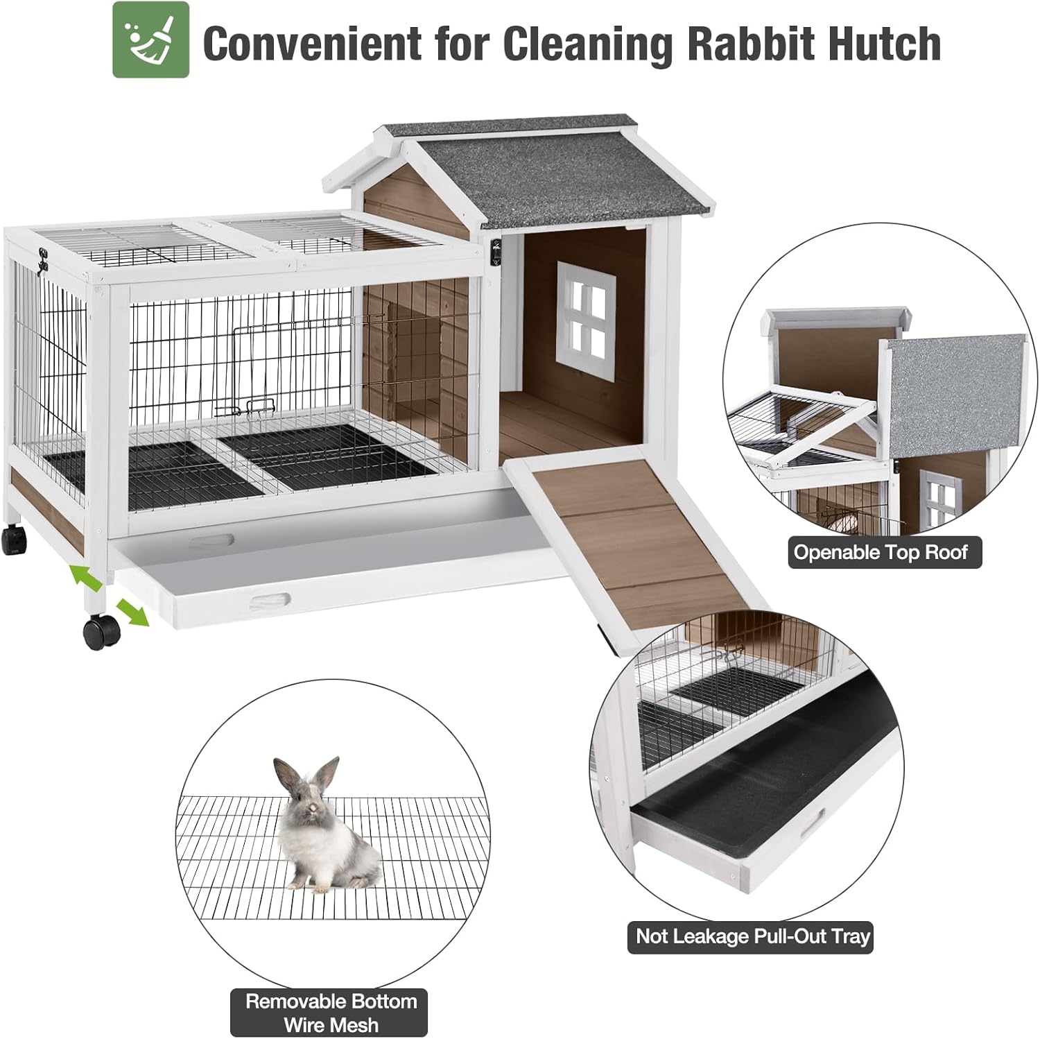 Wooden Rabbit Hutch Indoor and Outdoor, Rabbit Cage with Removable Wire Netting and Leak Proof Tray, Mobile Bunny Cage with Wheels (Brown) - Image 5