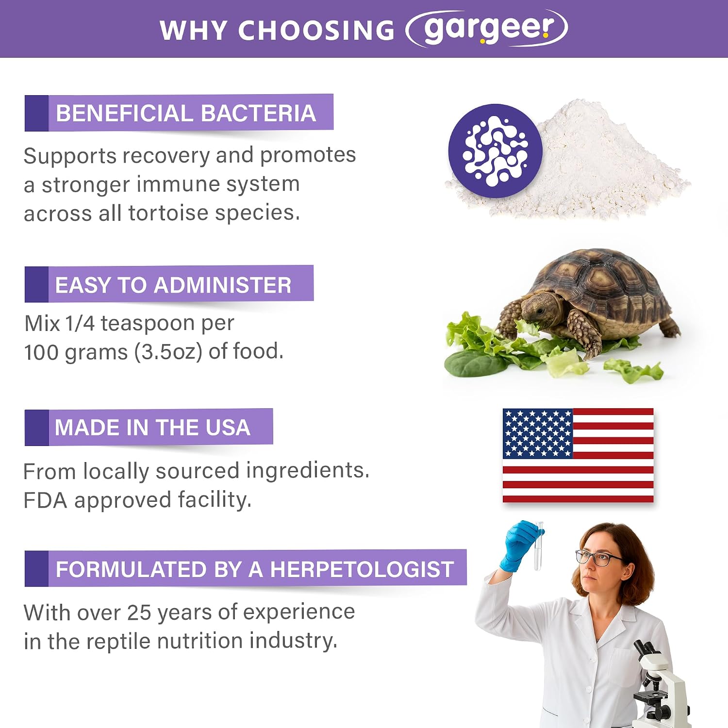 Gargeer Bounce Back Tortoise Immune & Recovery Support Powder Supplement 3oz, Electrolytes, Vitamin C & Immune Support for Sulcata, Red Foot & All Tortoise Species. Made in the USA. Enjoy! - Image 3