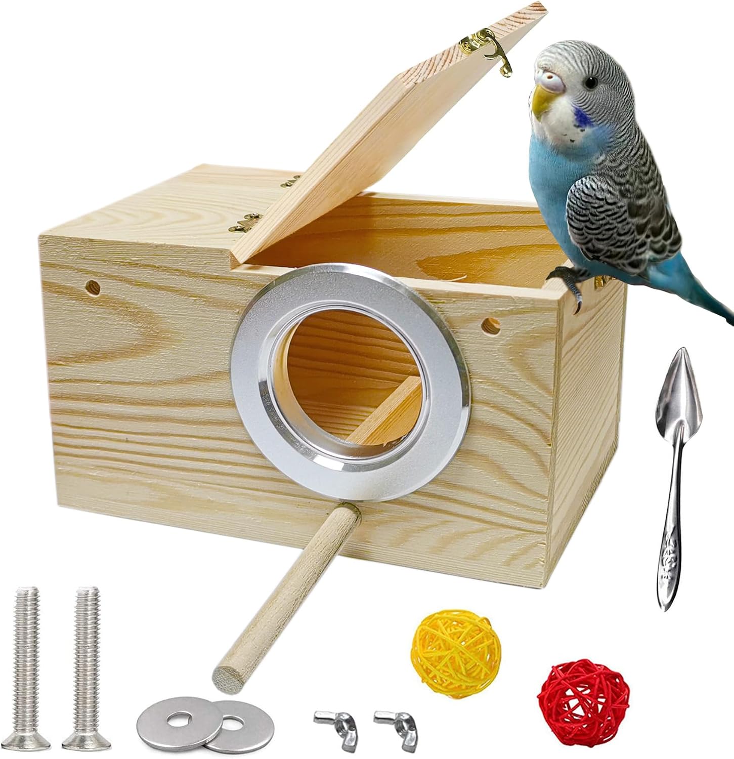JSLZF Bird Nest, Parakeet Nest Box, Bird Breeding Box with Perch, Wood Budgie Nest Box for Bird, Parrot, Lovebirds, Parrotlet, Finch, Sparrow 7.8” x 4.7” x 4.7”