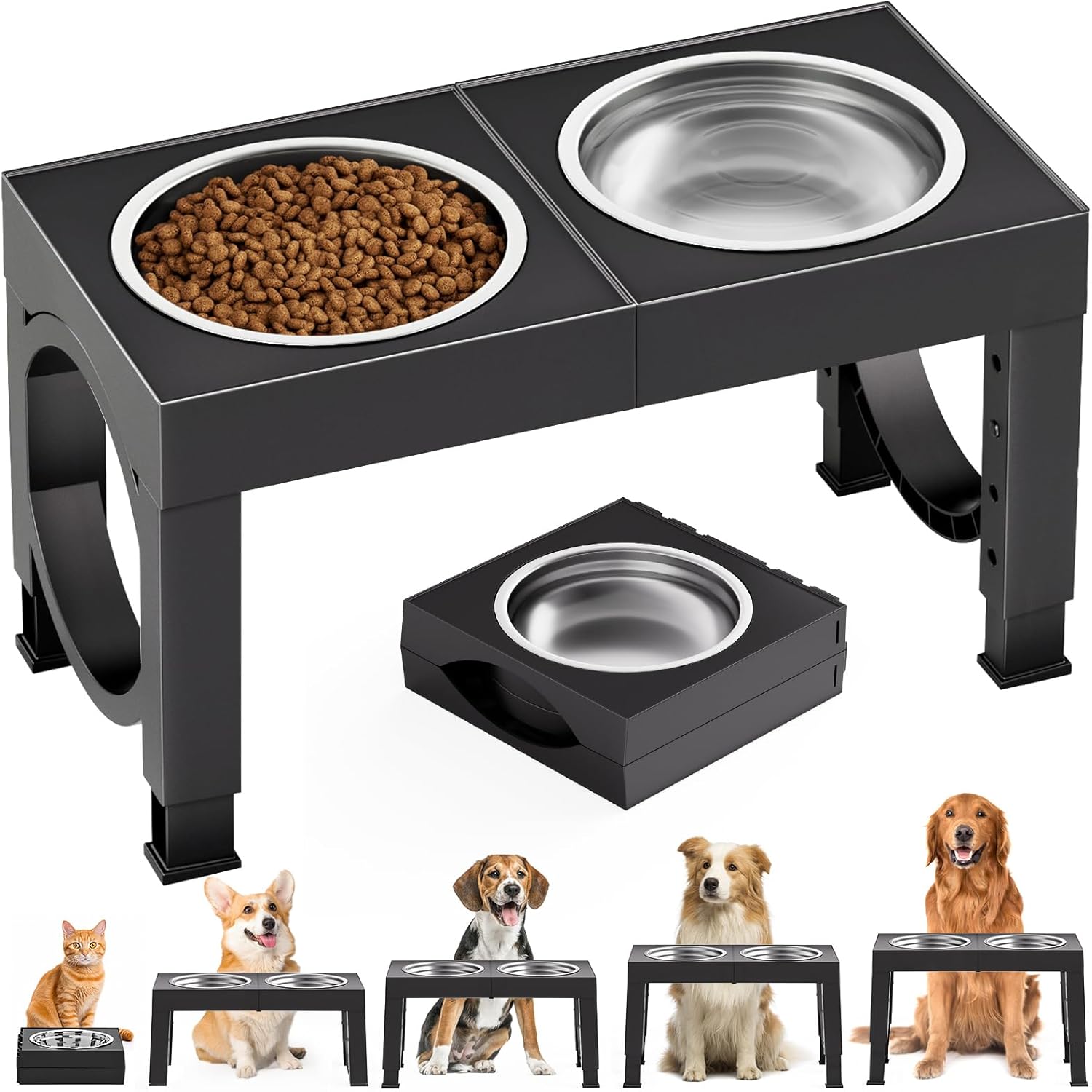 XIAZ Elevated Dog Bowls Large Breed Raised Dogs Bowl Stand Large/Medium Sized Dog Stainless Steel Food Water Bowl Stands 5 Heights Adjustable 9/11/12/14in Black Pet Feeder Dish Station