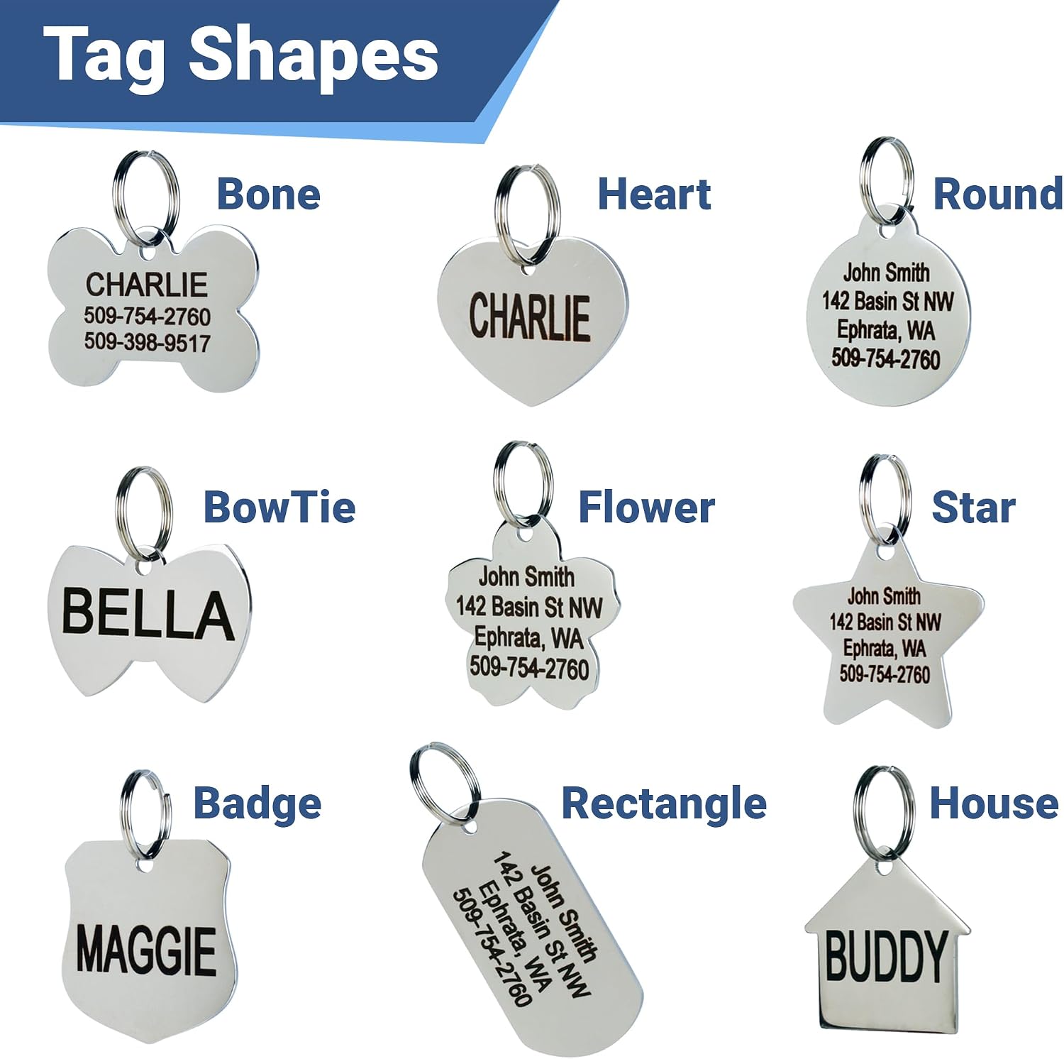 GoTags Stainless Steel Pet ID Tags, Personalized Dog Tags and Cat Tags, up to 8 Lines of Custom Text, Engraved on Both Sides, in Bone, Round, Heart, Bowtie and More (Dog Bone, Regular (Pack of 1)) - Image 2