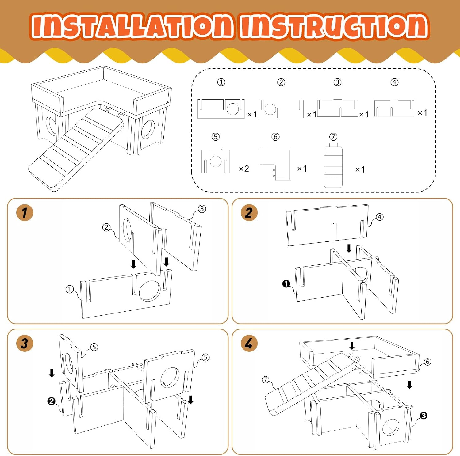Hamster Cage Accessories & Habitat Set, Wooden 3 Room Maze House, Adjustable Silent Wheel, Water Bottle Set, Log Tunnel Tube & Chew Toys, 19 Pcs Complete Kit for Dwarf Hamster Gerbil Mouse - Image 6