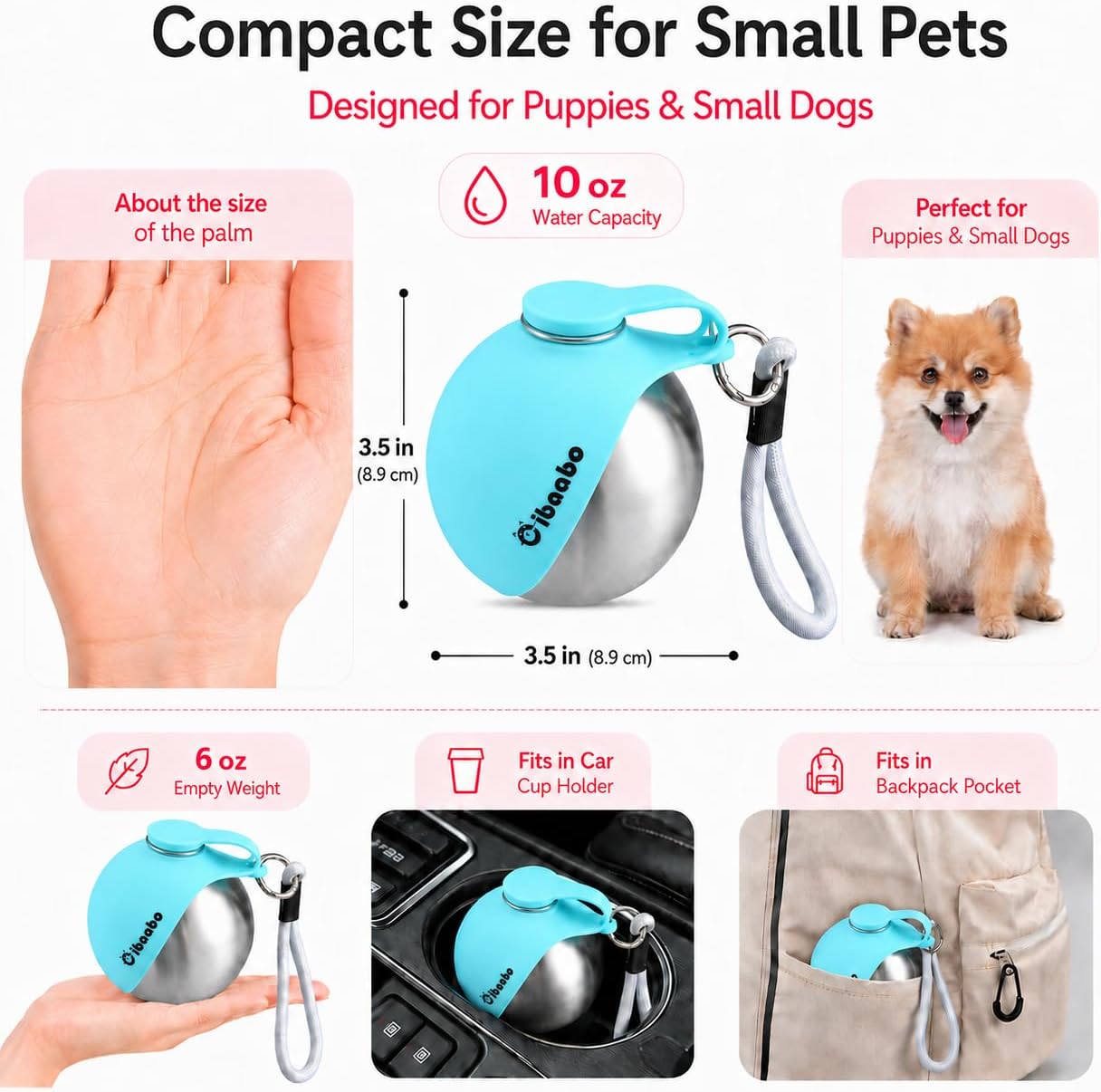 Cibaabo 2 in 1 Portable Dog Water Bottle with Bowl, 10 oz Stainless Steel No-Spill Travel Pet Water Dispenser with Collapsible Silicone Bowl for Small Dog & Puppy Walking Hiking Outdoor - Image 2