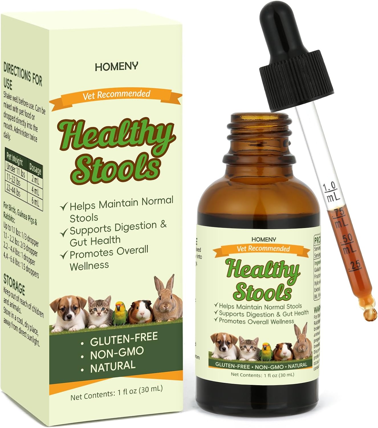 Pet Digestive Supplement, Healthy Stool Support Drops for Dogs, Cats, Birds, Guinea Pigs & Rabbits, Natural Herbs Liquid for Gut Health, Stool Consistency & Sensitive Stomach - 1 oz