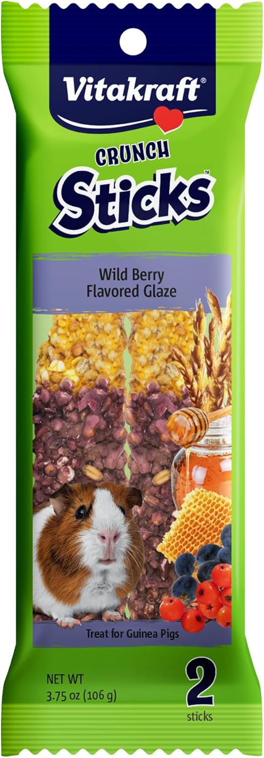 Vitakraft Crunch Sticks Guinea Pig Treats – 2 Sticks Per Pack - Wild Berry Glaze Flavor Triple Baked with Natural Wood Chew Center - Added Vitamins, Minerals with Cage Clip Holder
