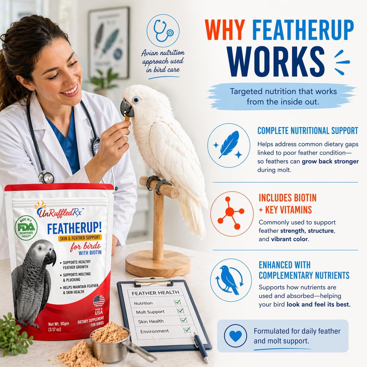 UnRuffledRx FeatherUp! Bird Molting Support & Feather Growth Supplement - for Plucking, Regrowth & Molt - Multivitamin & Amino Acids for All Birds - 90g (240 Servings) - Image 4