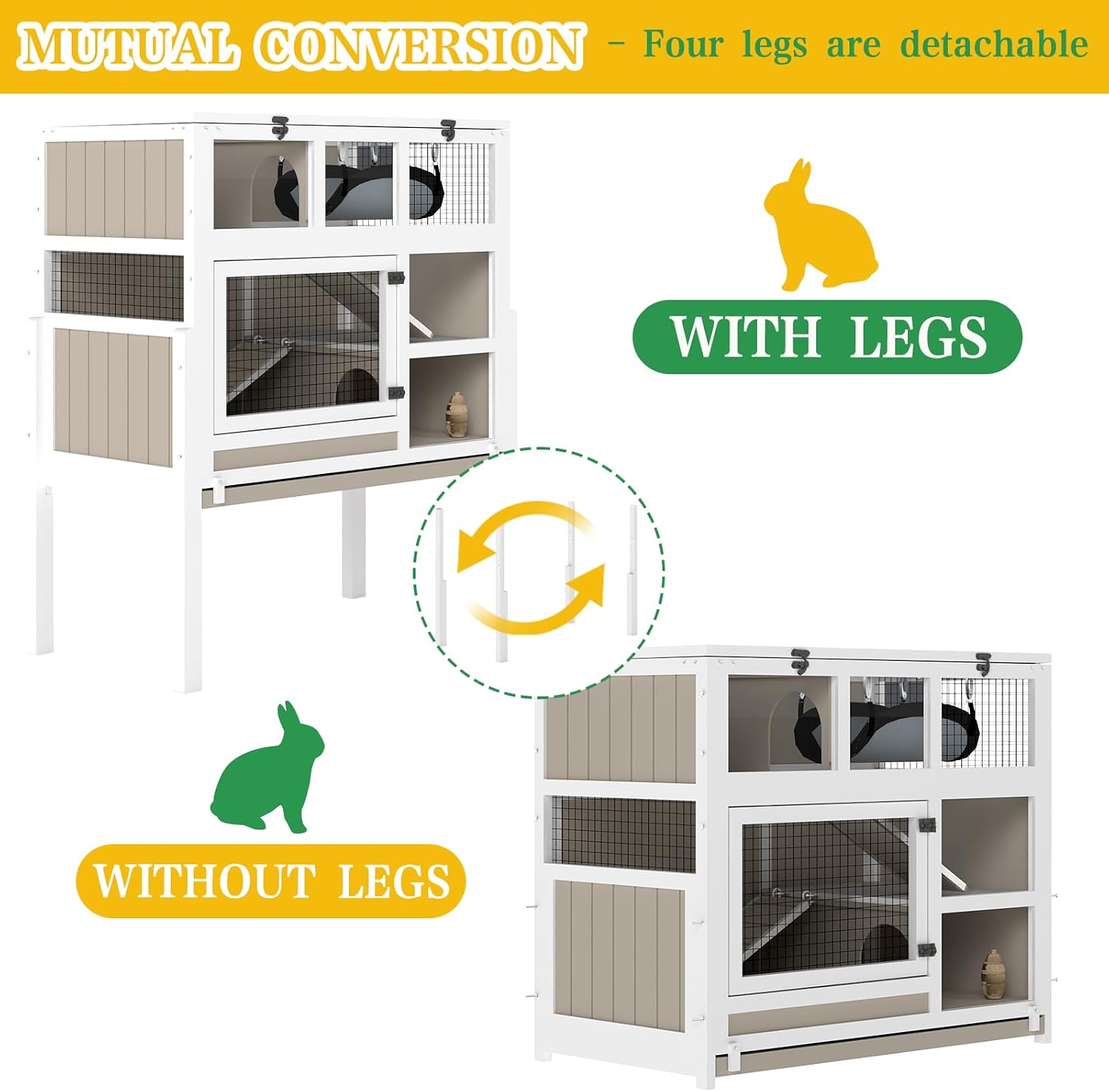 Guinea Pig Cage Indoor, 3-Tier Wooden Small Animal Habitat with Stand, Rabbit Hutch with Ramp, Removable Hammock & Hideout, Leak-Proof Pull-Out Tray for Guinea Pigs, Rabbits, Hamsters - Image 6