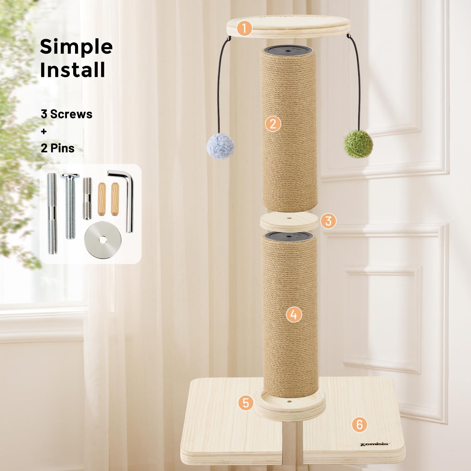 ZOMISIA 35'' Tall Cat Scratching Post, 4.7'' Large Scratch Post with Thicken Wooden Base for Indoor Cats Adults, Sisal Scratcher Top & Dangling Balls, Super Sturdy - Image 5