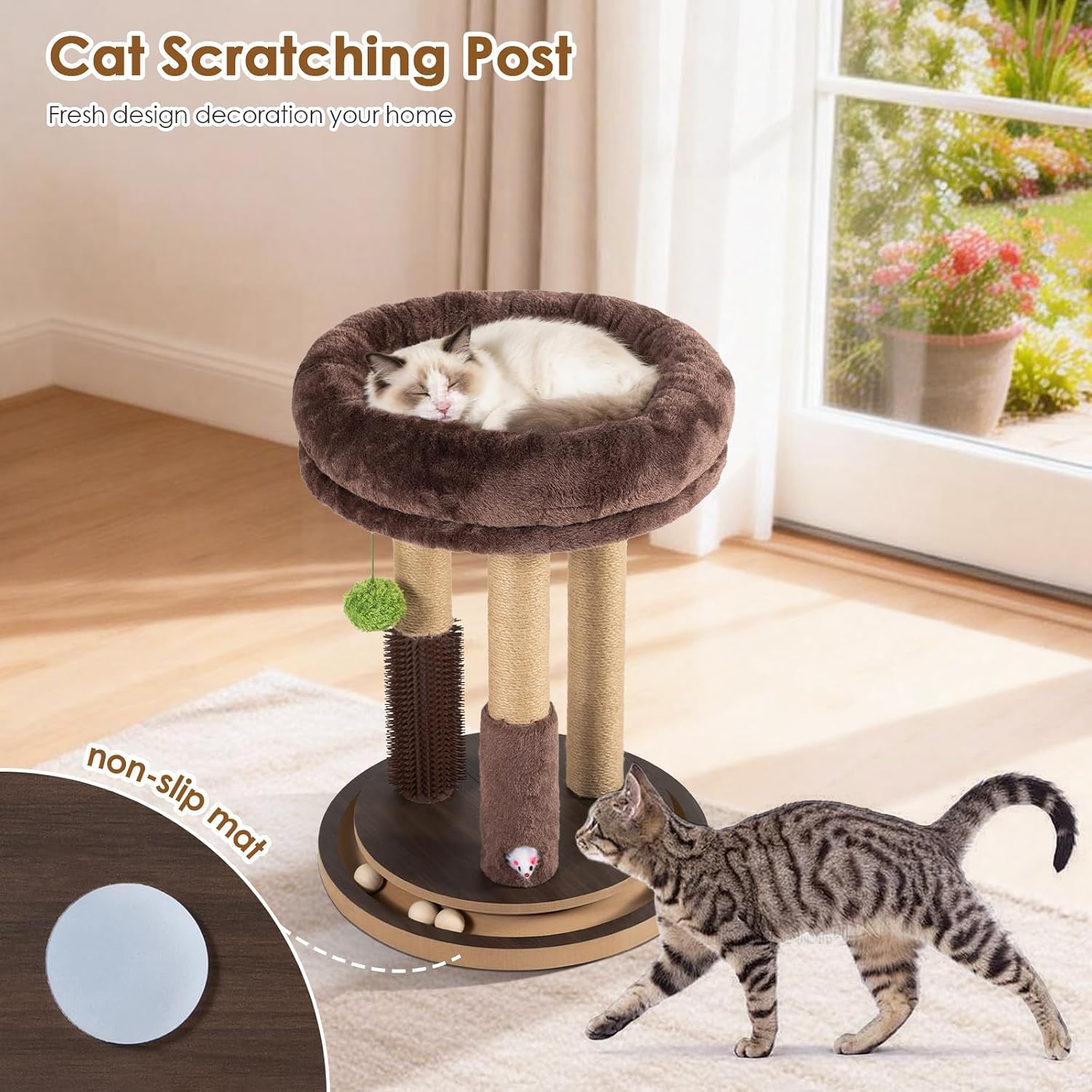 22 Inch Heavy-Duty Cat Scratching Post with Cozy Plush Bed, 3 Sisal Scratching Posts, Interactive Cat Scratcher with Grooming Brush, Hanging Pom-Pom, Track Balls & Mouse Toy for Indoor Cats - Image 6