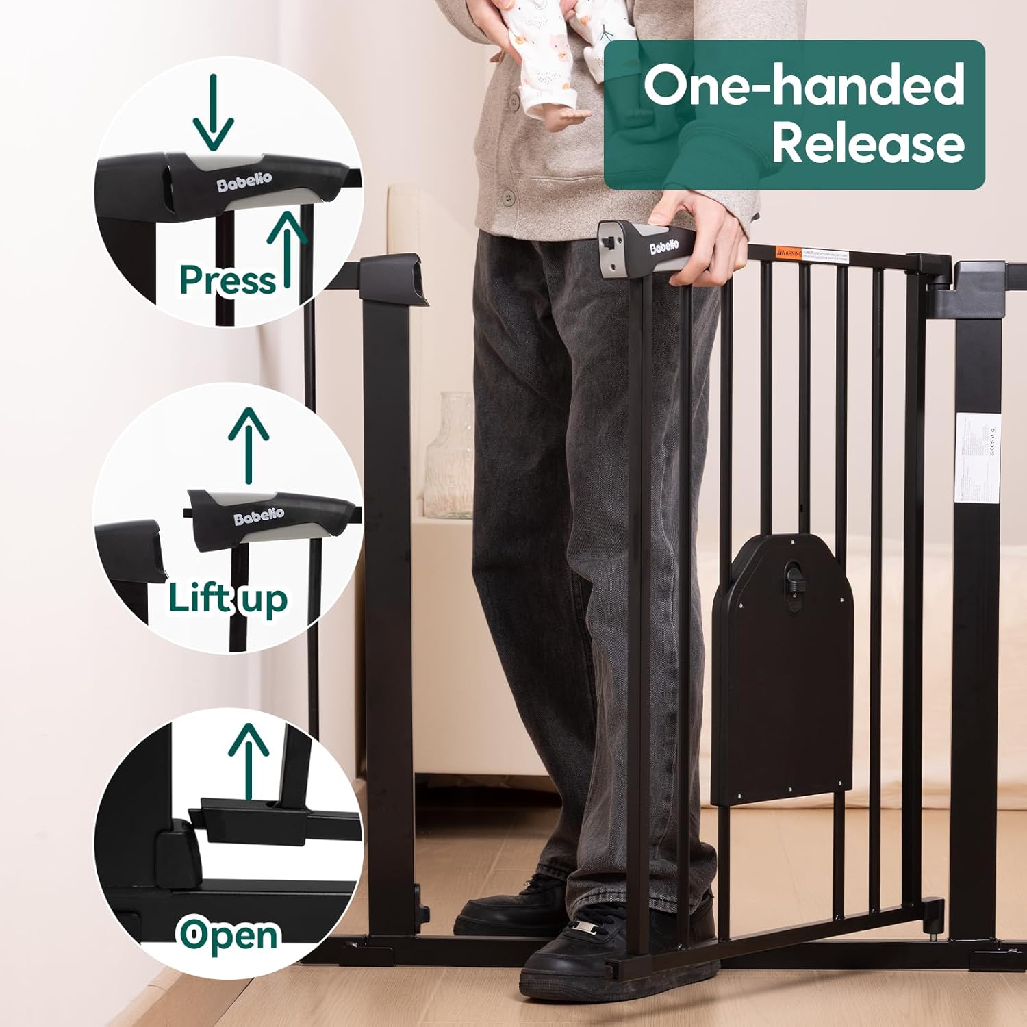 Babelio Auto Close Baby Gate with Cat Door, CatPrivilege Ⅰ, 29-43" Metal Gate for Doorway, Stairs, House, Easy Walk Thru with Pet Door, Includes 4 Wall Cups and 3 Extension Pieces, Black - Image 3